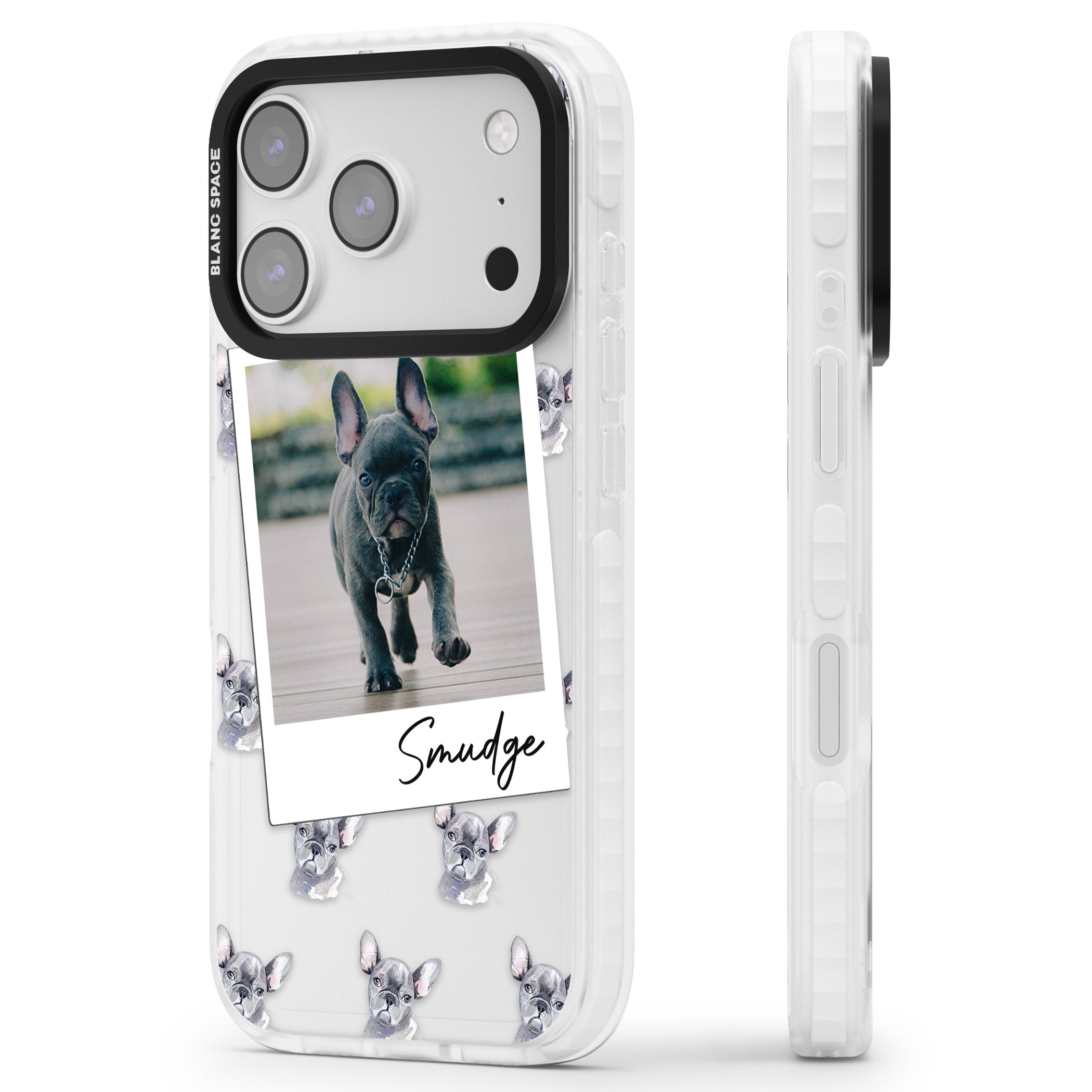 Personalised Grey French Bulldog Instant Camera Photo iPhone 17 Pro Impact Clear Phone Case Side Profile