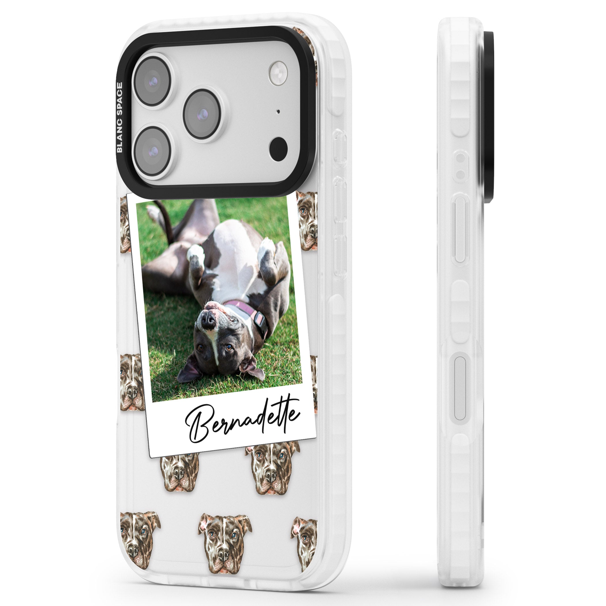 Personalised Staffordshire Bull Terrier Instant Camera Photo iPhone 17 Pro Impact Clear Phone Case Side Profile