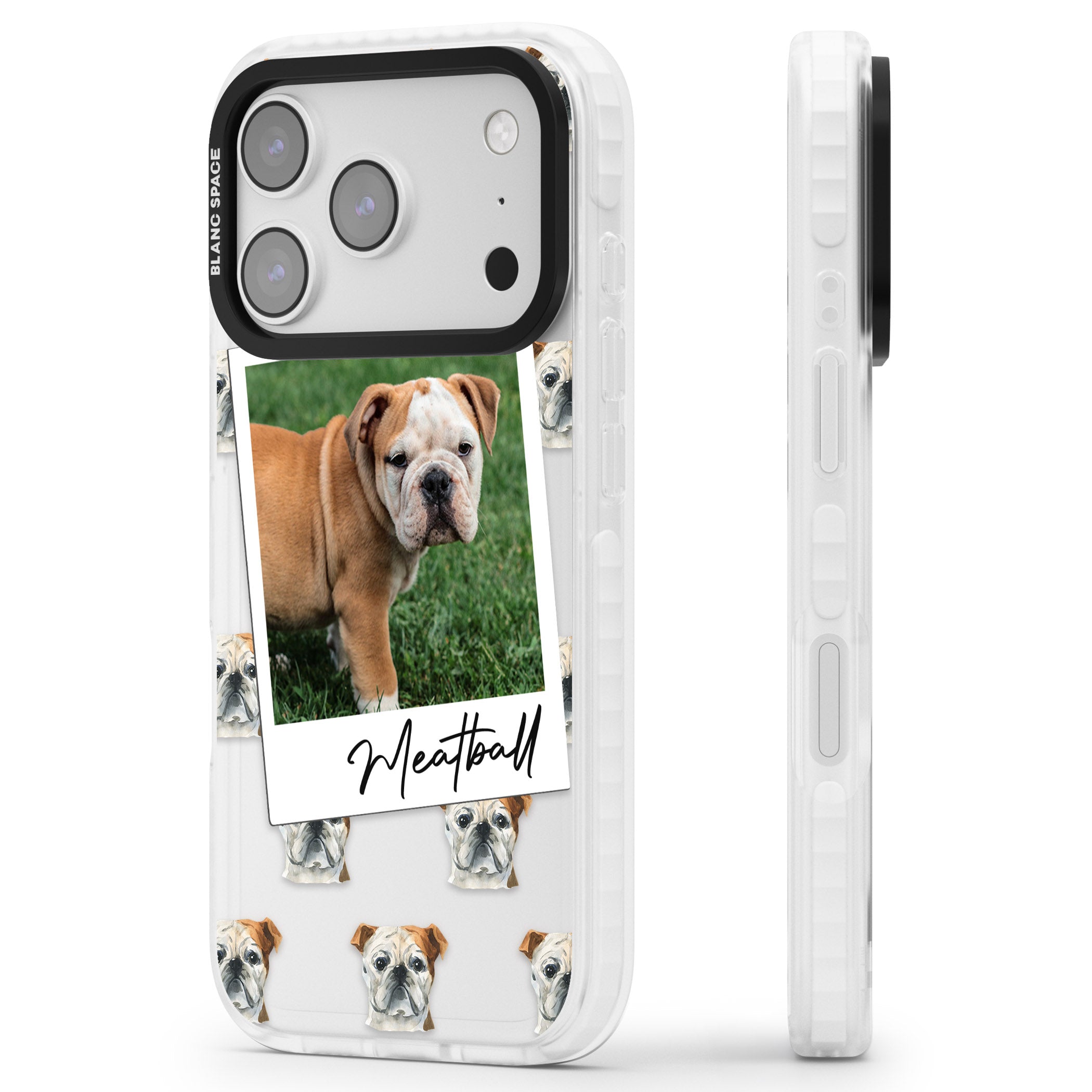 Personalised English Bulldog Instant Camera Photo iPhone 17 Pro Impact Clear Phone Case Side Profile