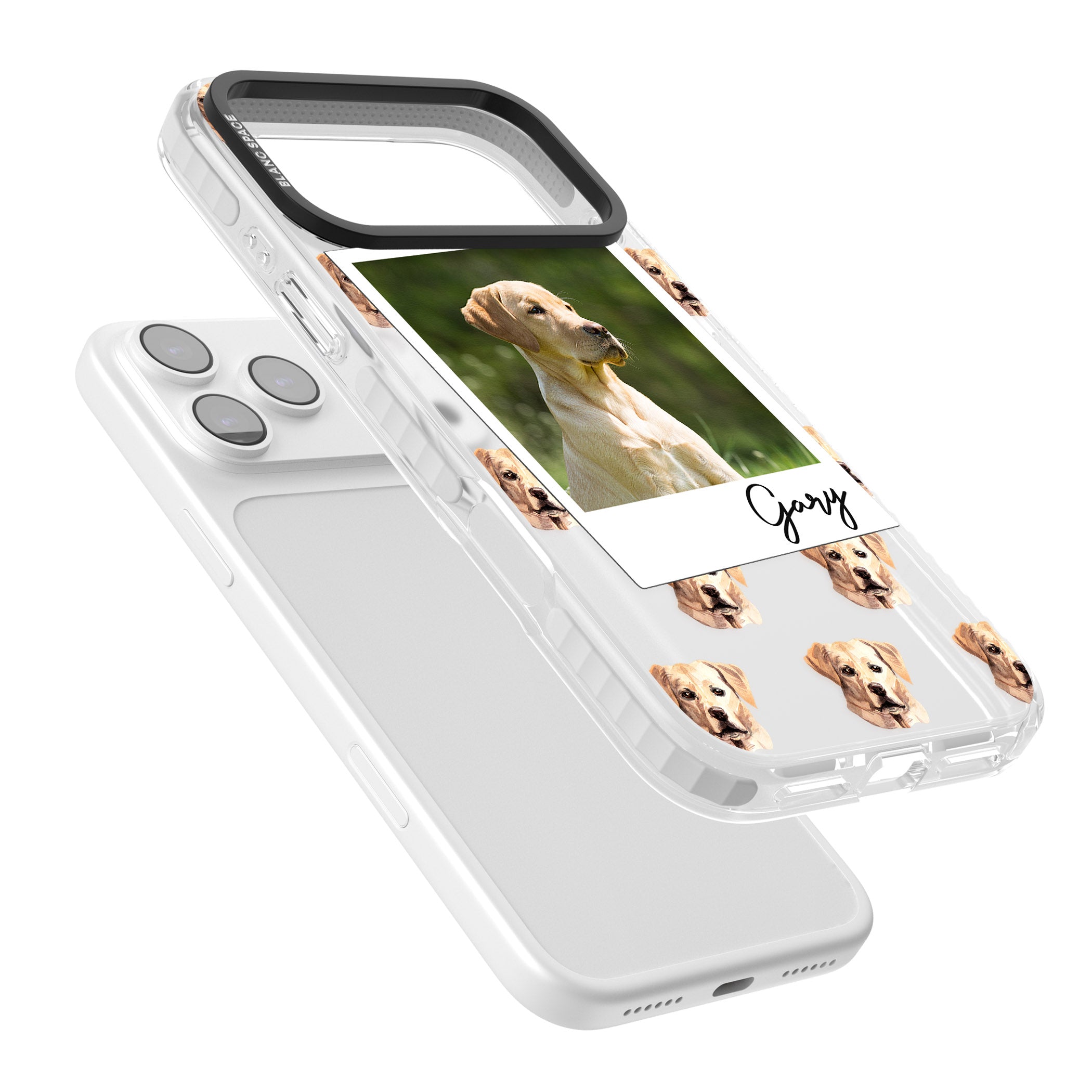 Personalised Tan Black Labrador Instant Camera Photo iPhone 17 Pro Max Impact Clear Phone Case Colours