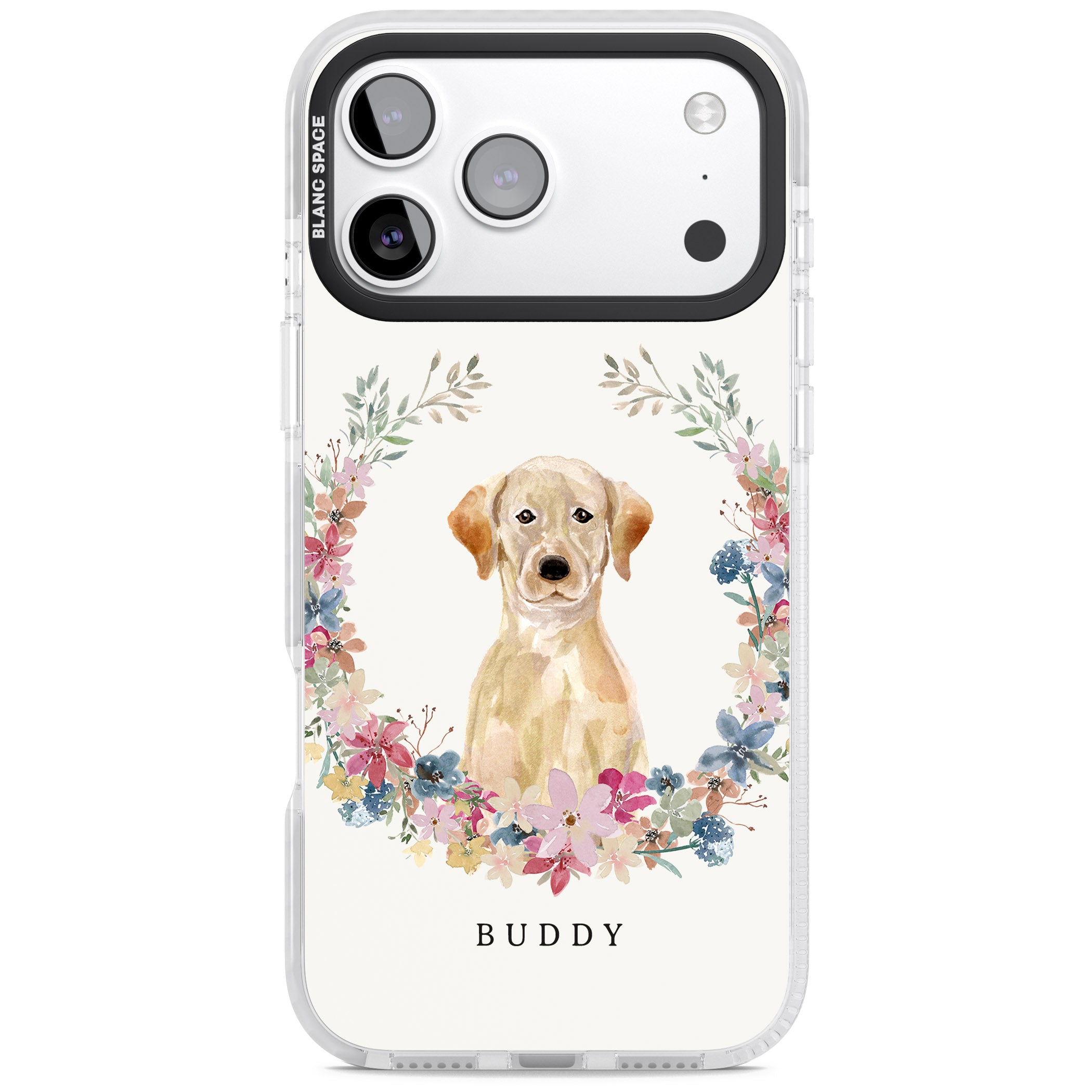 Personalised Yellow Labrador Retriever Floral Portrait iPhone 17 Pro Impact Clear Phone Case