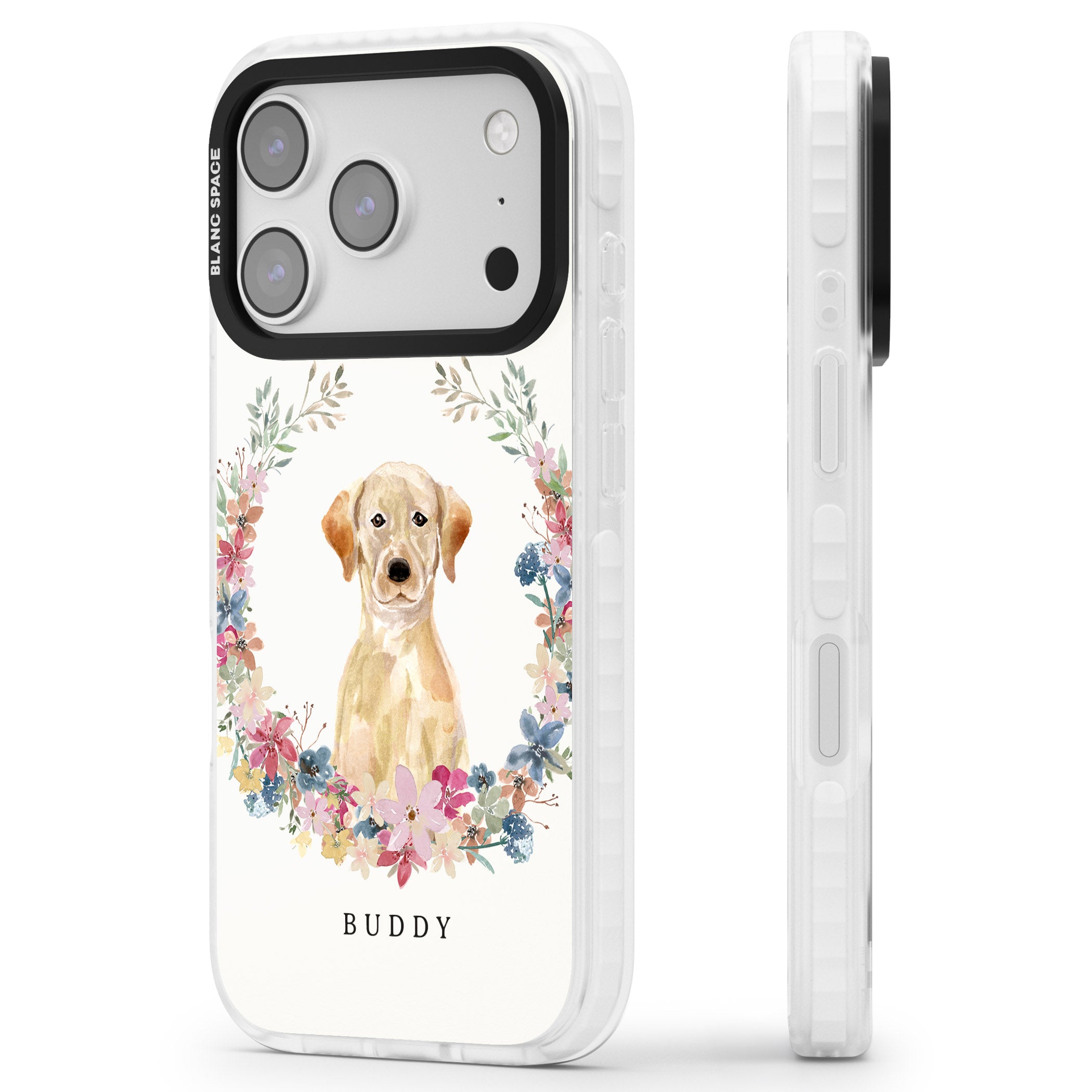 Personalised Yellow Labrador Retriever Floral Portrait iPhone 17 Pro Max Impact Clear Phone Case Side Profile