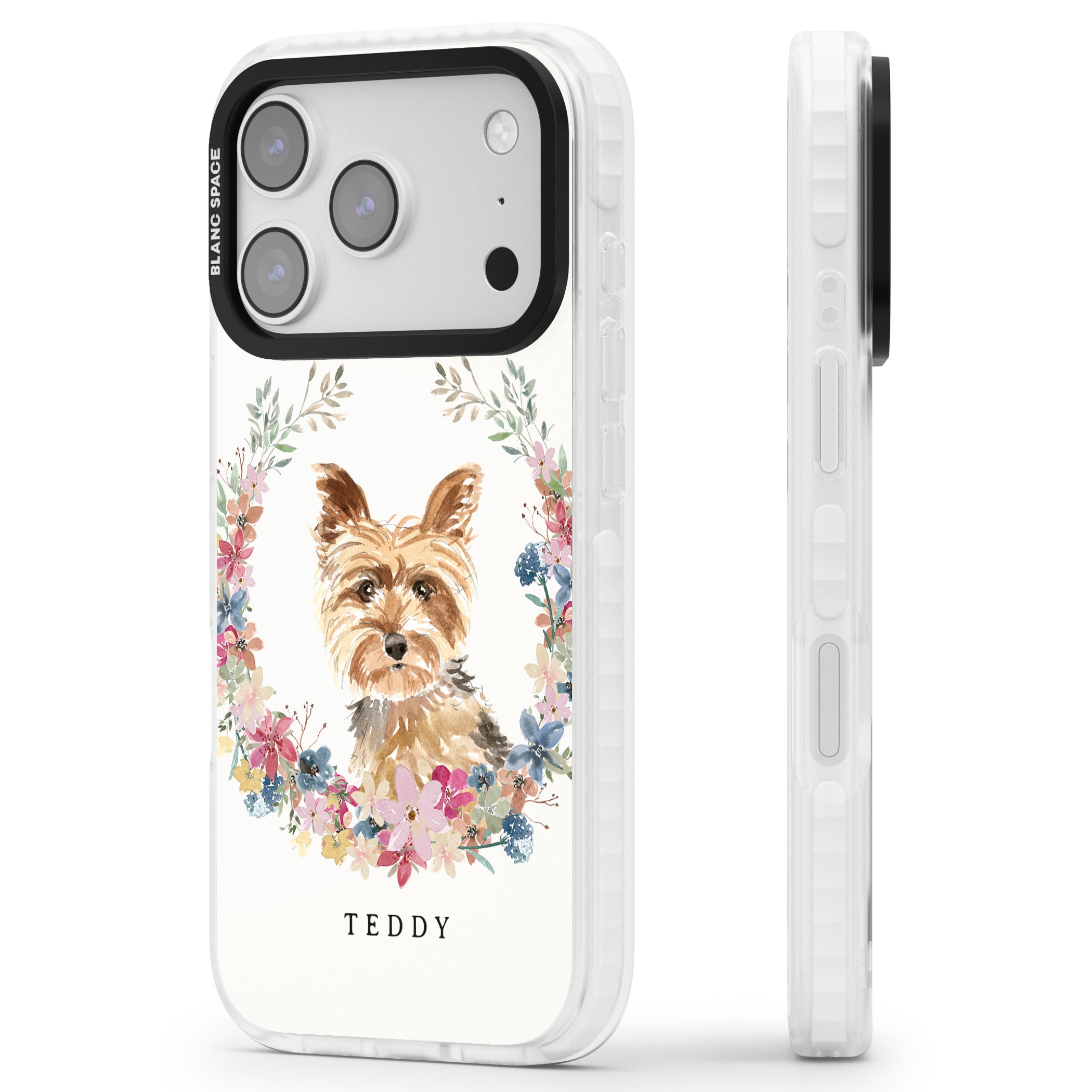 Personalised Yorkshire Terrier Floral Portrait iPhone 17 Pro Impact Clear Phone Case Side Profile