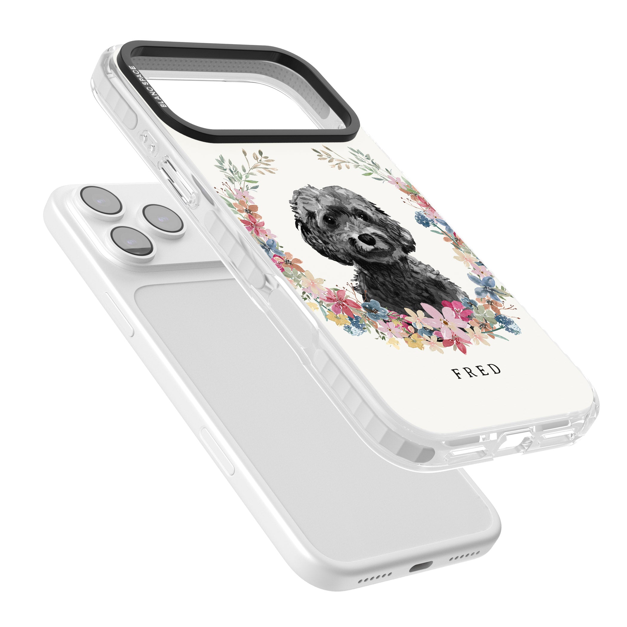 Personalised Black Cockapoo Floral Portrait iPhone 17 Pro Impact Clear Phone Case Colours