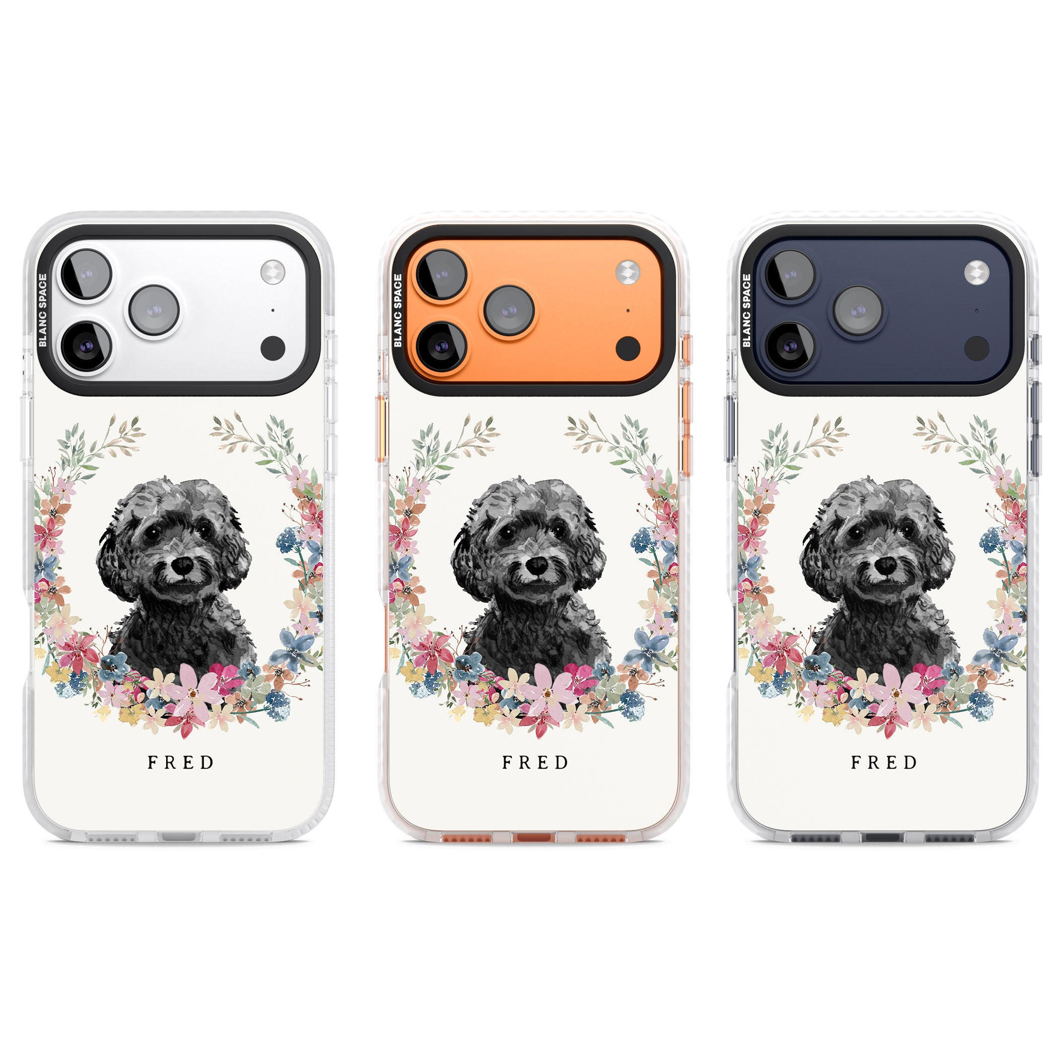 Personalised Black Cockapoo Floral Portrait iPhone 17 Pro Impact Clear Phone Case APT Impact Protection