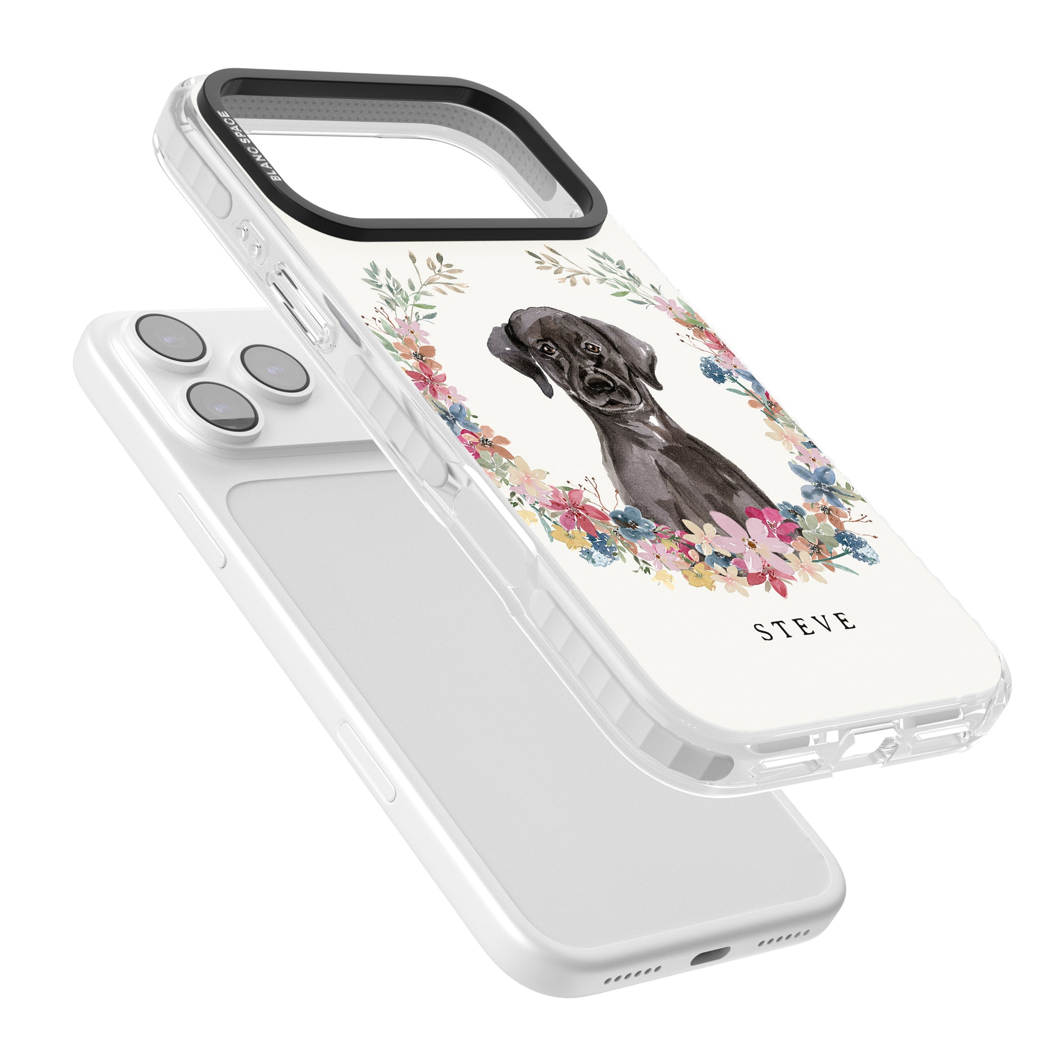 Personalised Black Labrador Floral Portrait iPhone 17 Pro Impact Clear Phone Case Colours