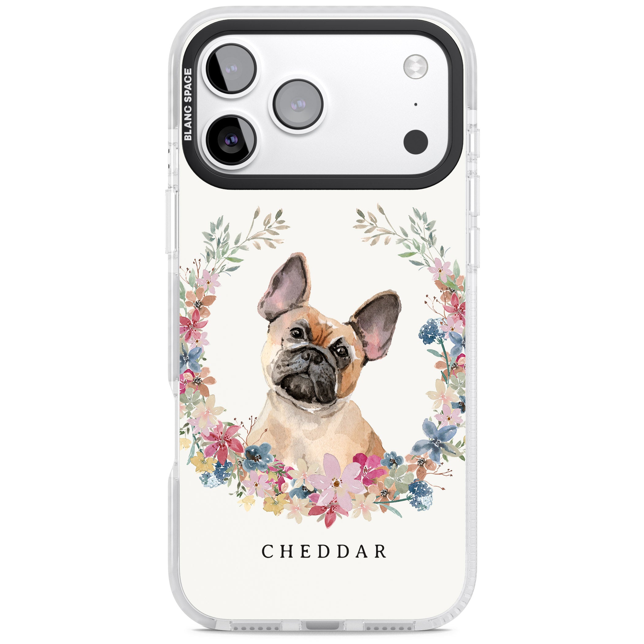 Personalised Tan French Bulldog Floral Portrait iPhone 17 Pro Max Impact Clear Phone Case