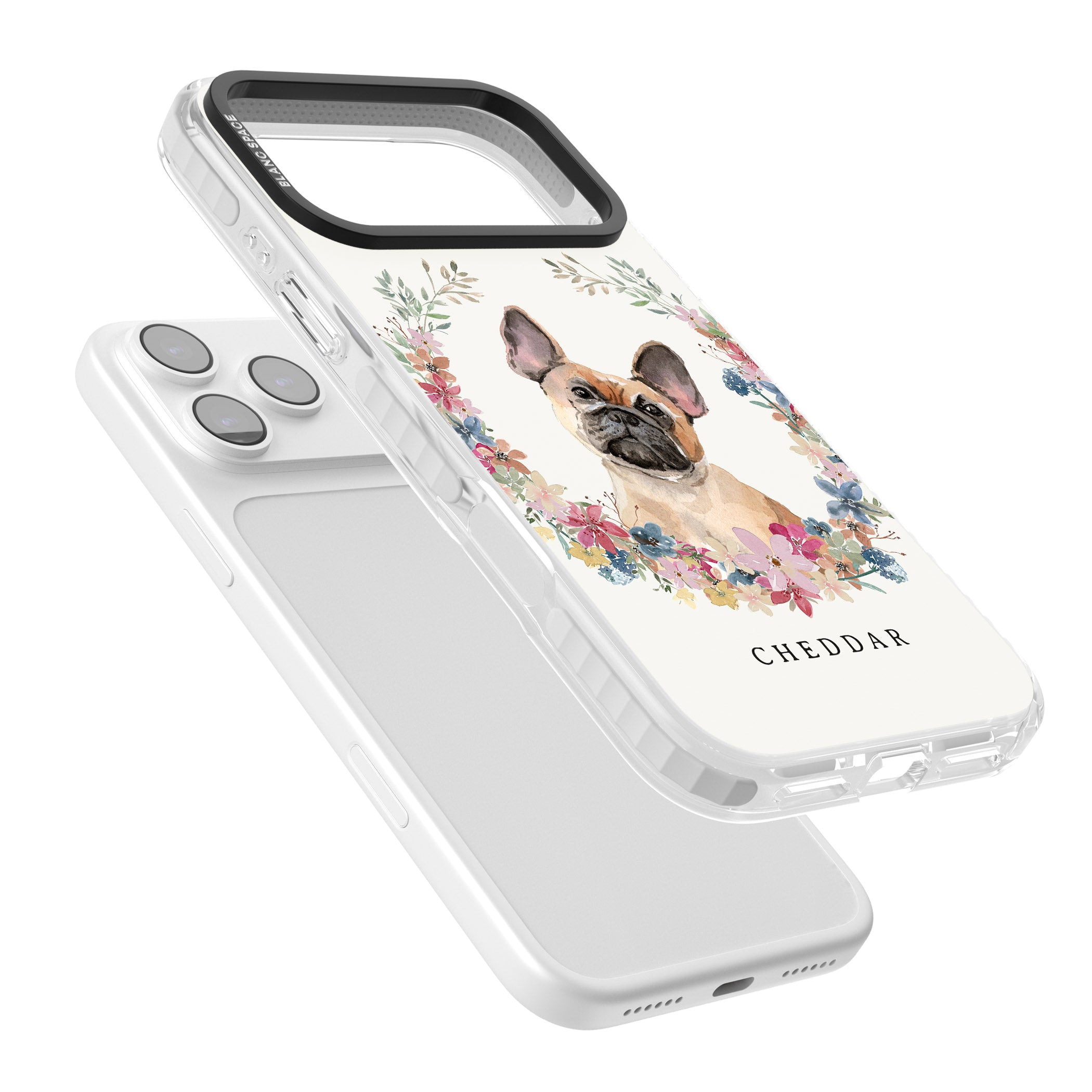 Personalised Tan French Bulldog Floral Portrait iPhone 17 Pro Max Impact Clear Phone Case Colours