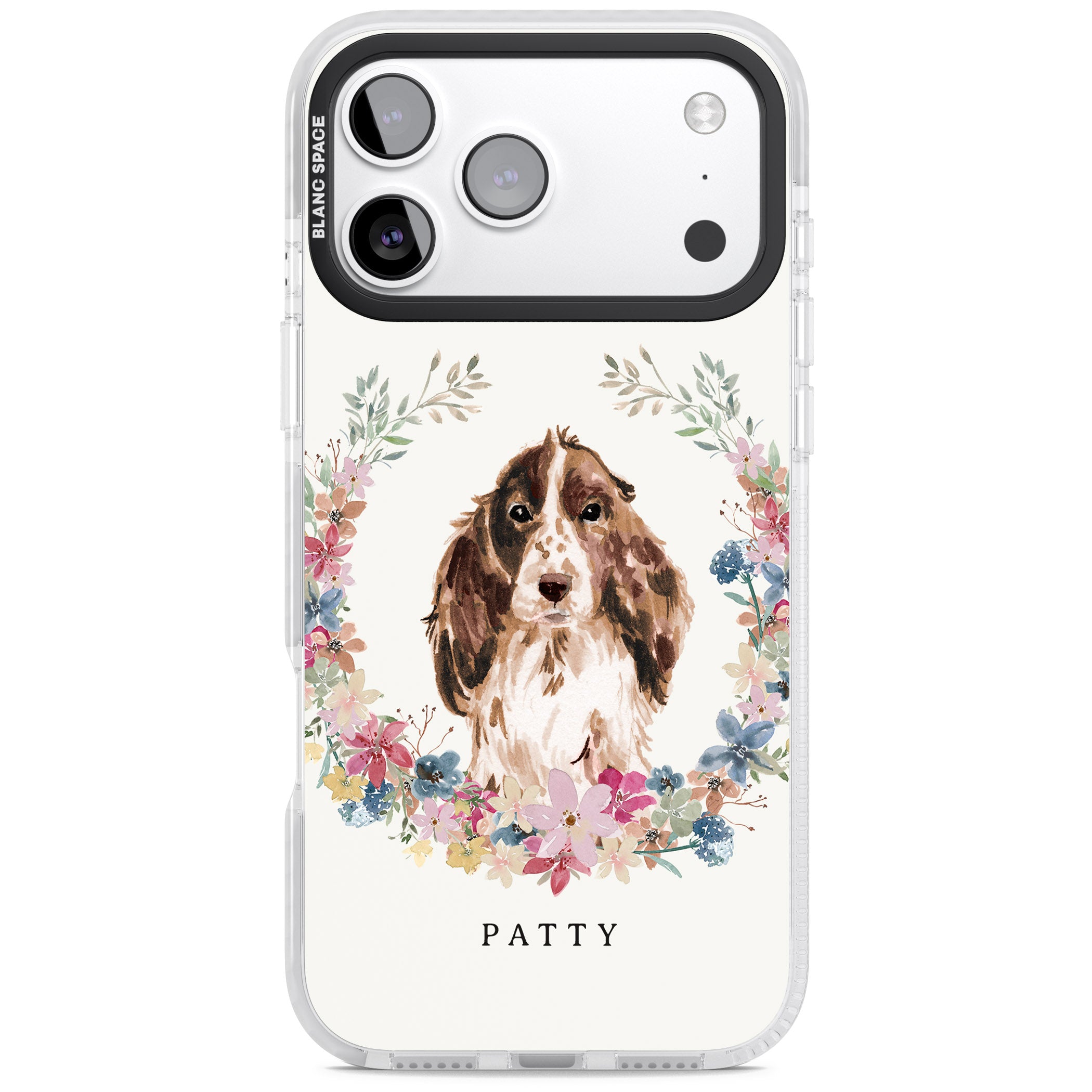 Personalised Cocker Spaniel Floral Portrait iPhone 17 Pro Max Impact Clear Phone Case