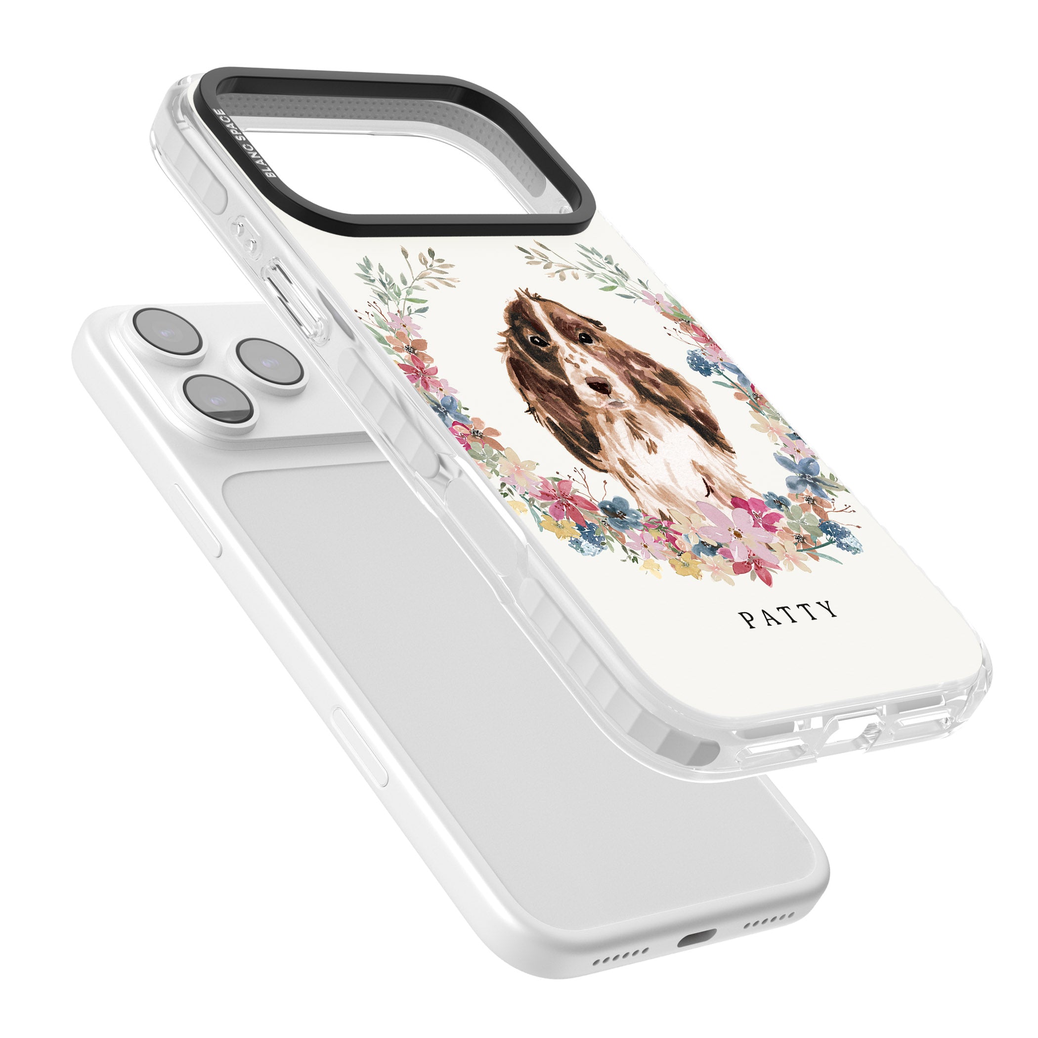 Personalised Cocker Spaniel Floral Portrait iPhone 17 Pro Max Impact Clear Phone Case Colours