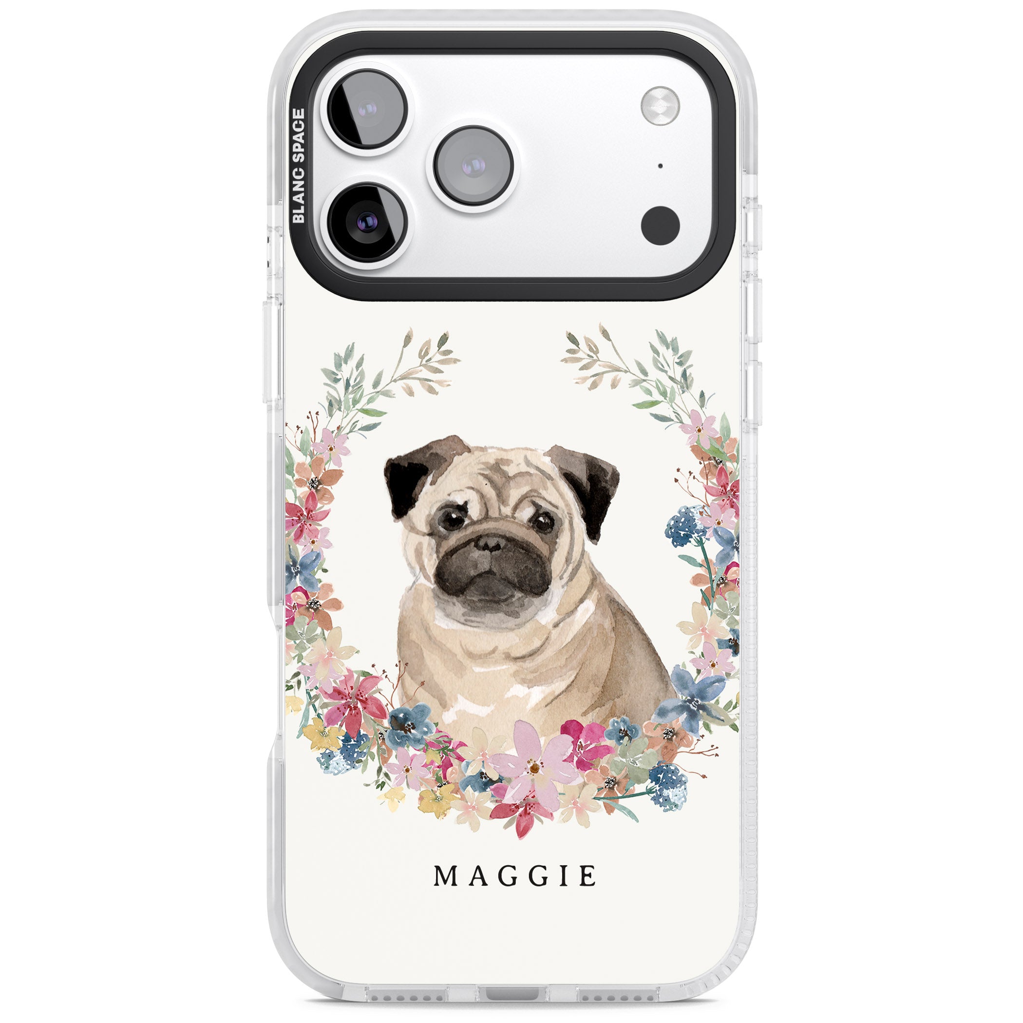 Personalised Pug Floral Portrait iPhone 17 Pro Max Impact Clear Phone Case