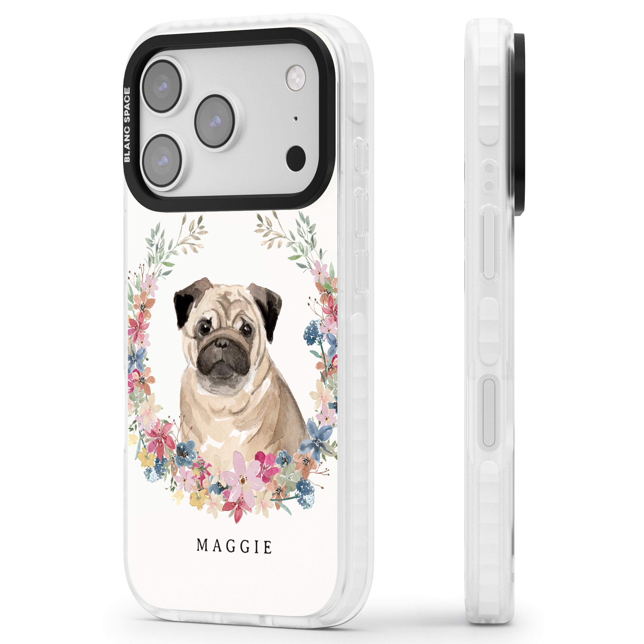 Personalised Pug Floral Portrait iPhone 17 Pro Max Impact Clear Phone Case Side Profile