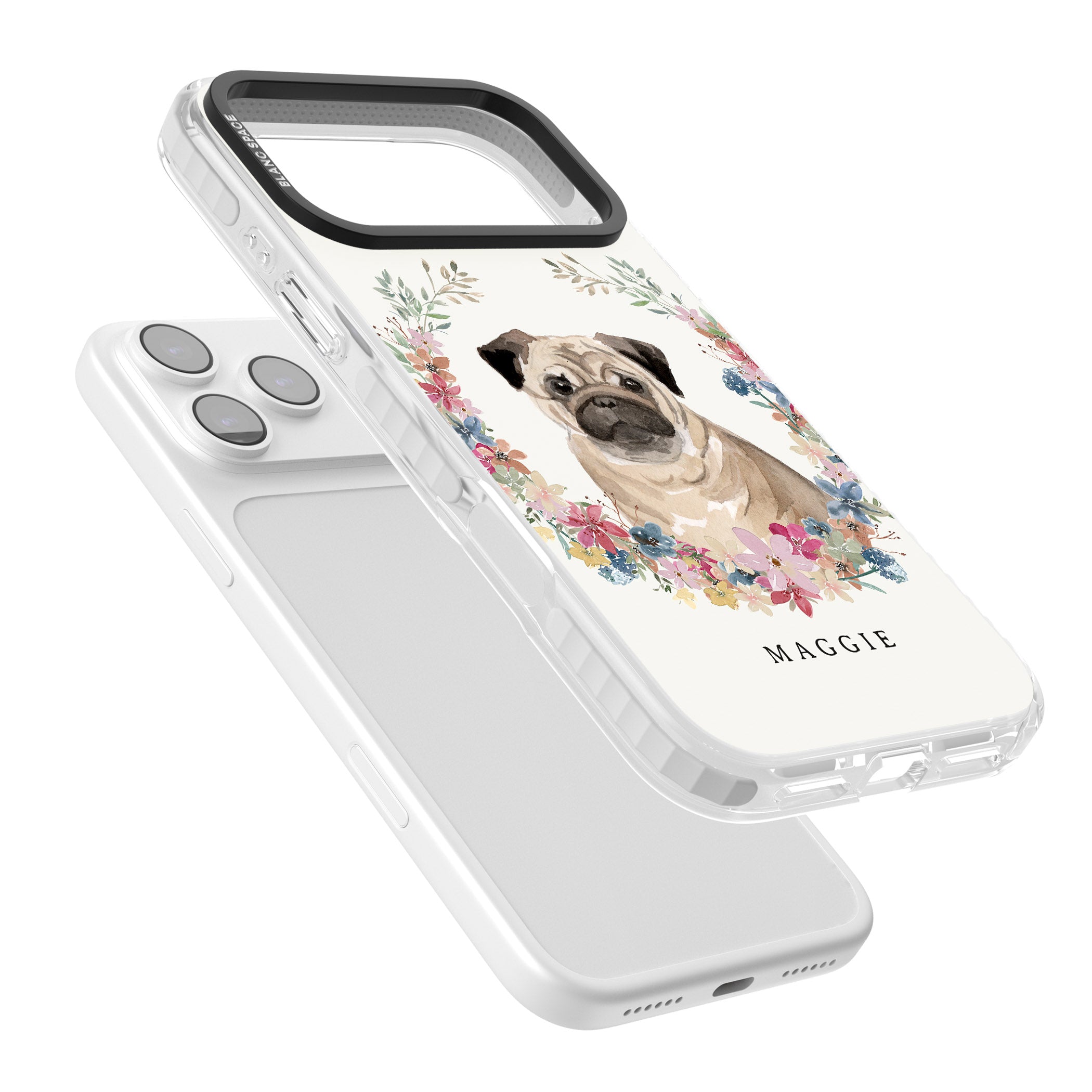 Personalised Pug Floral Portrait iPhone 17 Pro Max Impact Clear Phone Case Colours