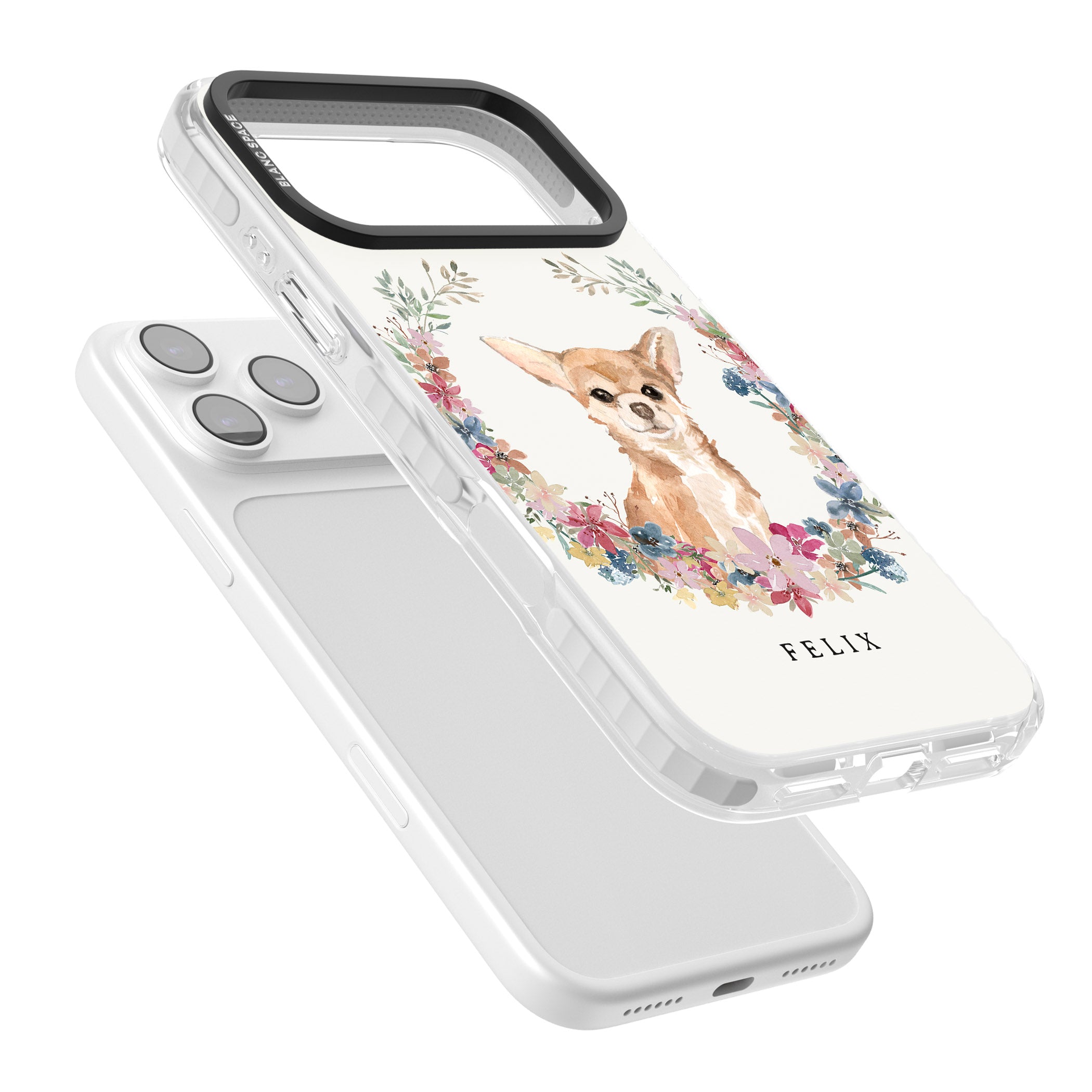 Personalised Chihuahua Floral Portrait iPhone 17 Pro Impact Clear Phone Case Colours