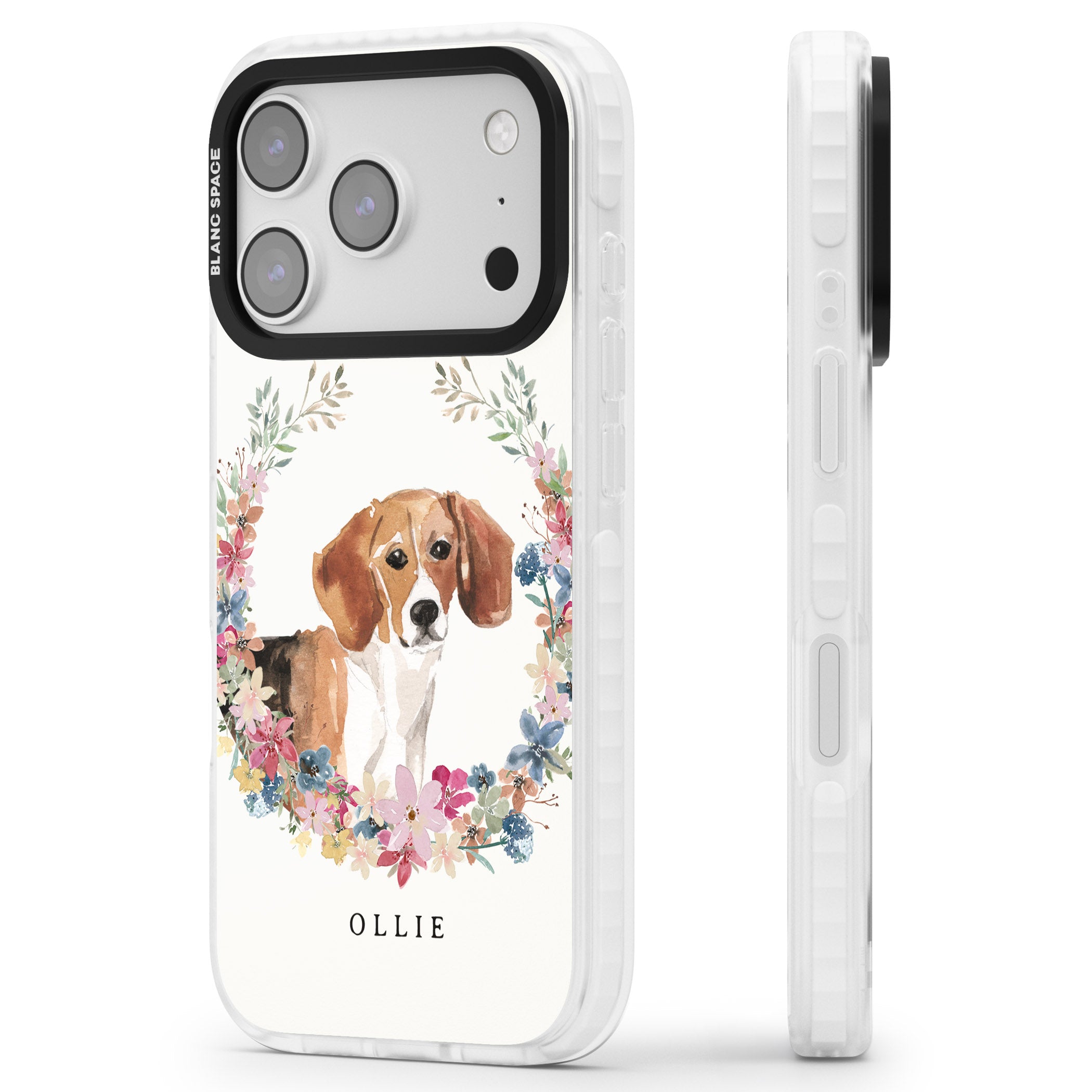 Personalised Beagle Floral Portrait iPhone 17 Pro Impact Clear Phone Case Side Profile
