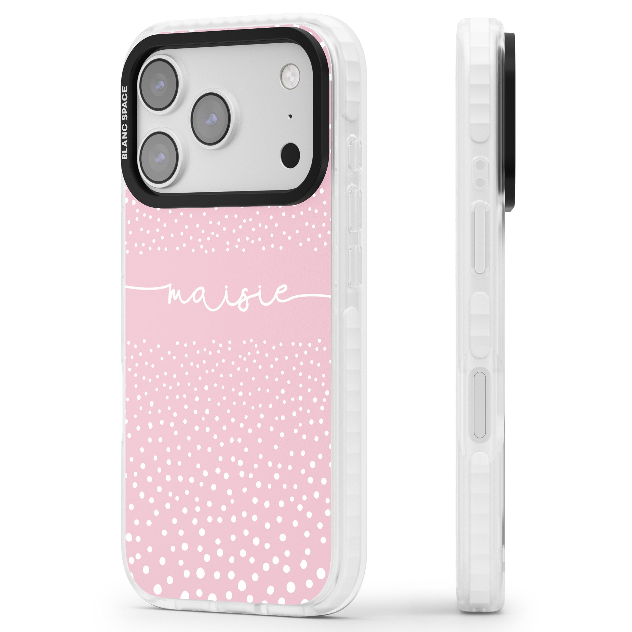 Personalised Pink Dots iPhone 17 Pro Impact Clear Phone Case Side Profile