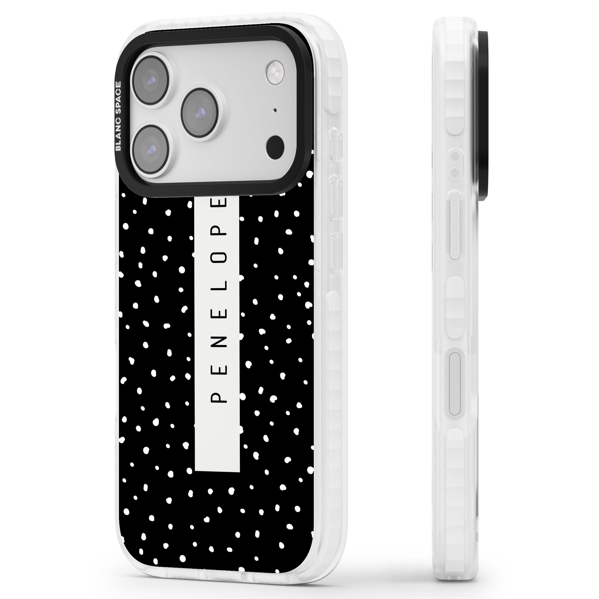 Personalised Black Dots iPhone 17 Pro Impact Clear Phone Case Side Profile