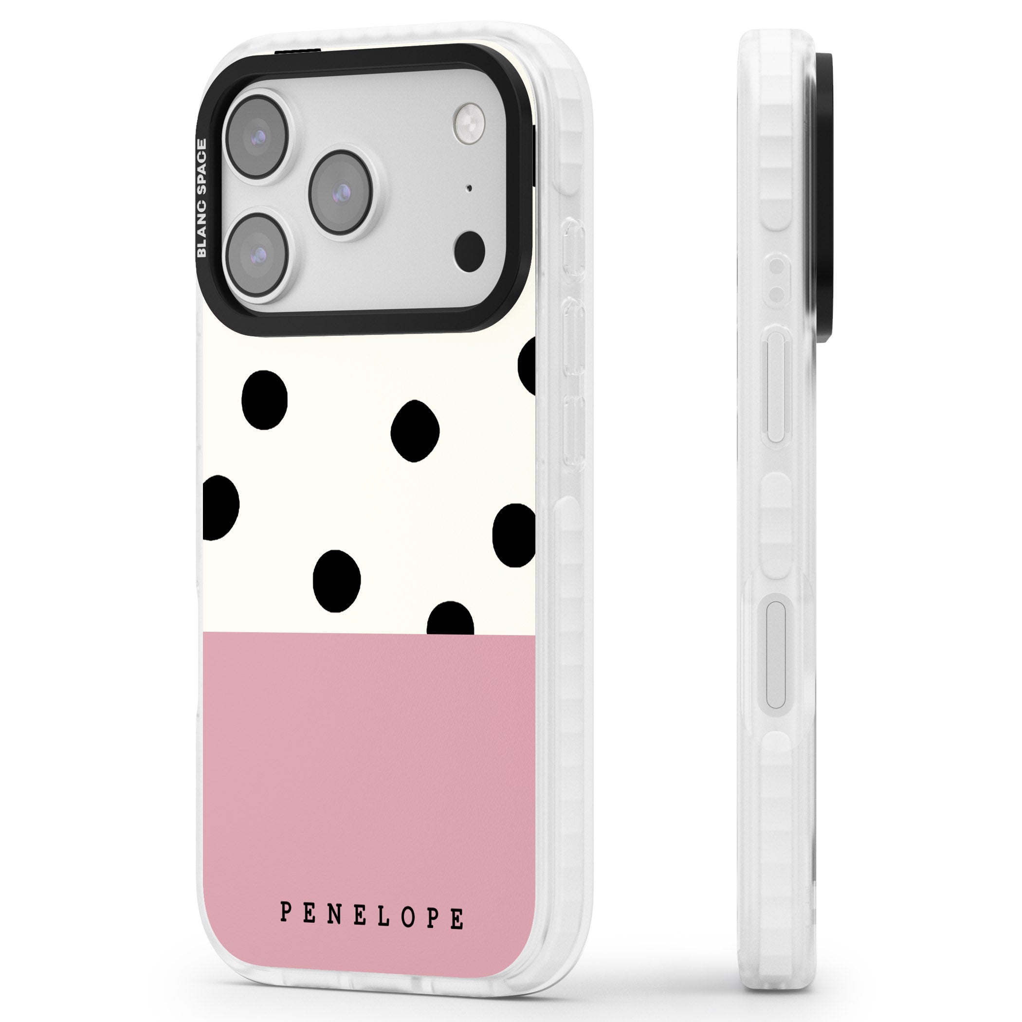 Personalised Pink Border Polka Dot iPhone 17 Pro Impact Clear Phone Case Side Profile