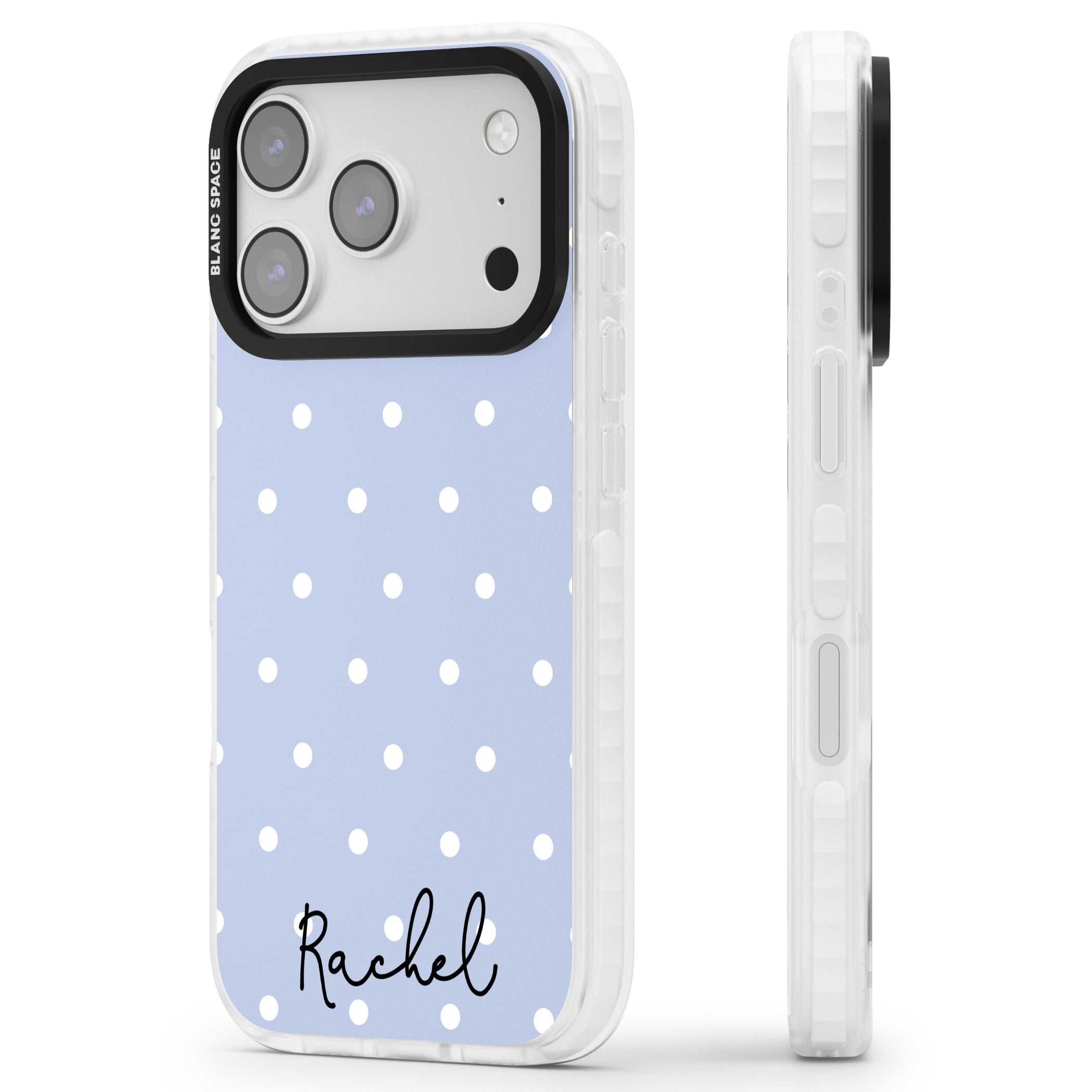 Personalised Simple Light Blue Dots iPhone 17 Pro Max Impact Clear Phone Case Side Profile