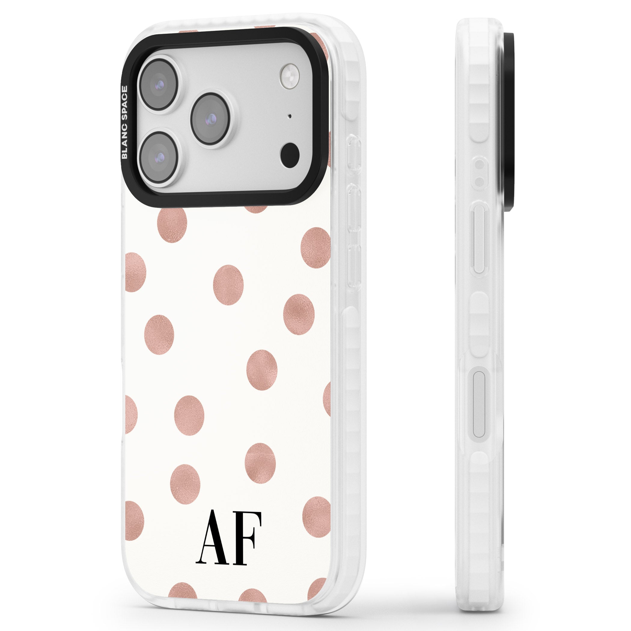 Personalised Rose Gold Dots & Initials iPhone 17 Pro Impact Clear Phone Case Side Profile