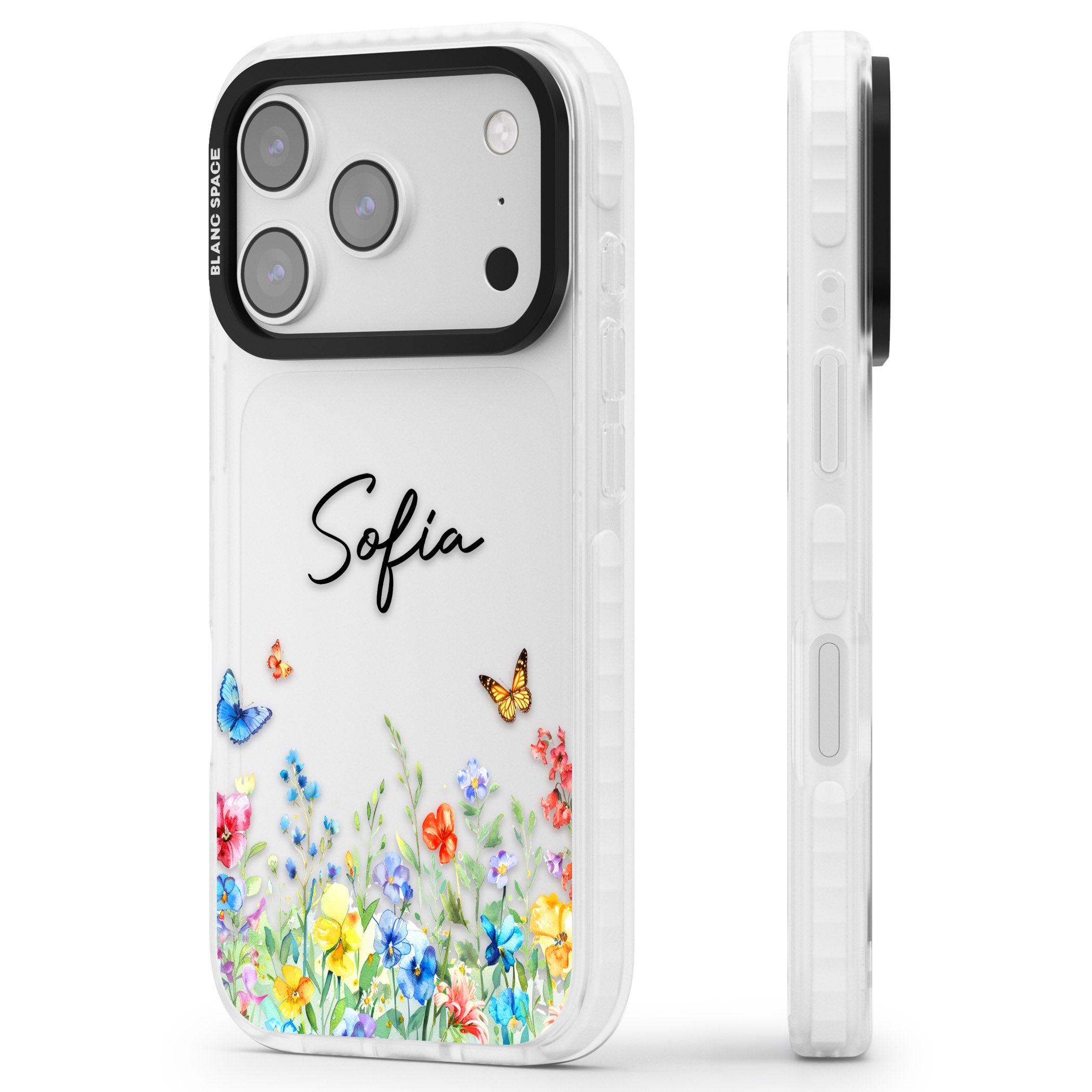 Personalised Buterflies Wildflowers iPhone 17 Pro Impact Clear Phone Case Side Profile