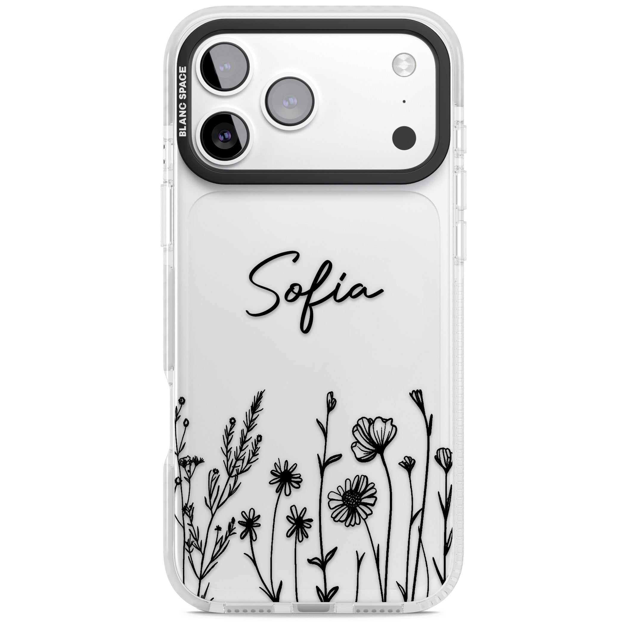 Personalised Black Wildflowers iPhone 17 Pro Max Impact Clear Phone Case