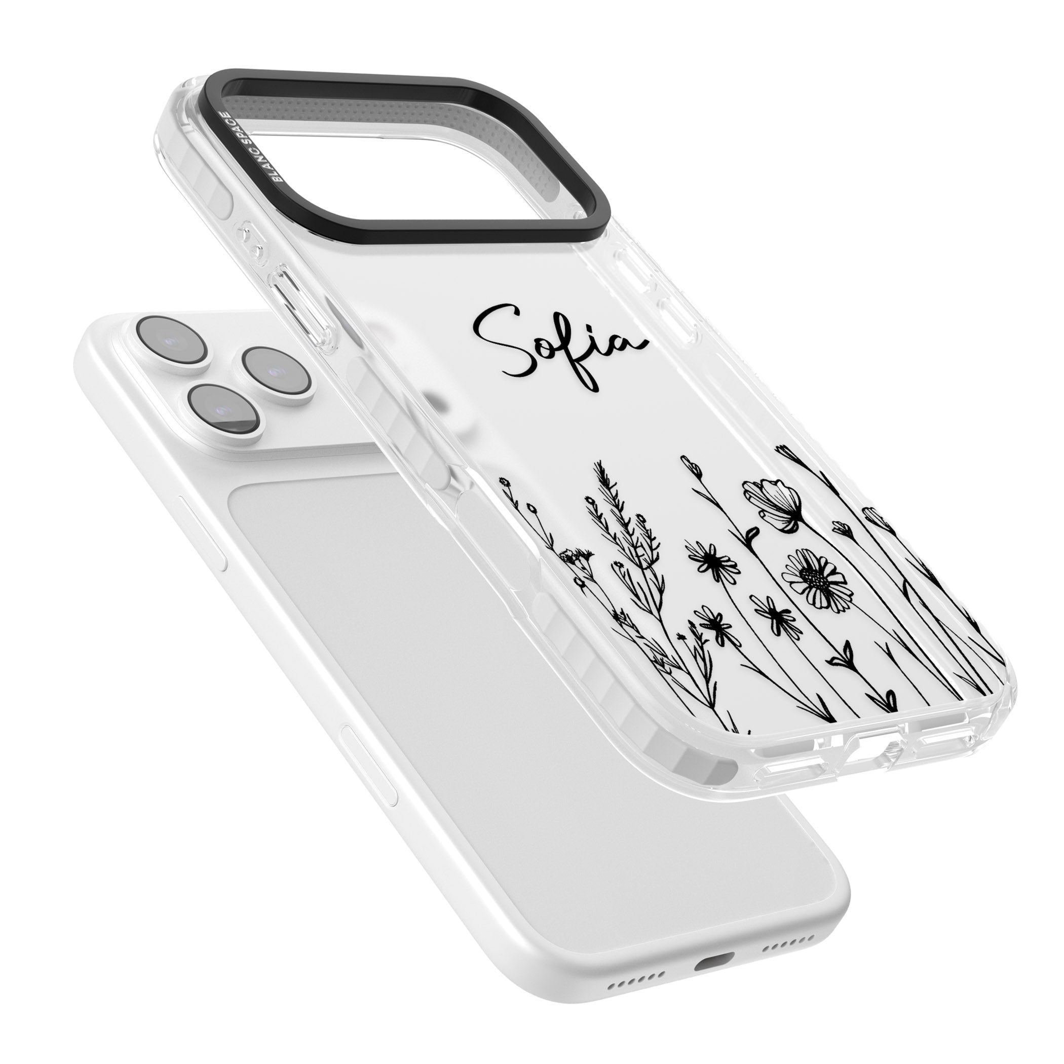 Personalised Black Wildflowers iPhone 17 Pro Max Impact Clear Phone Case Colours
