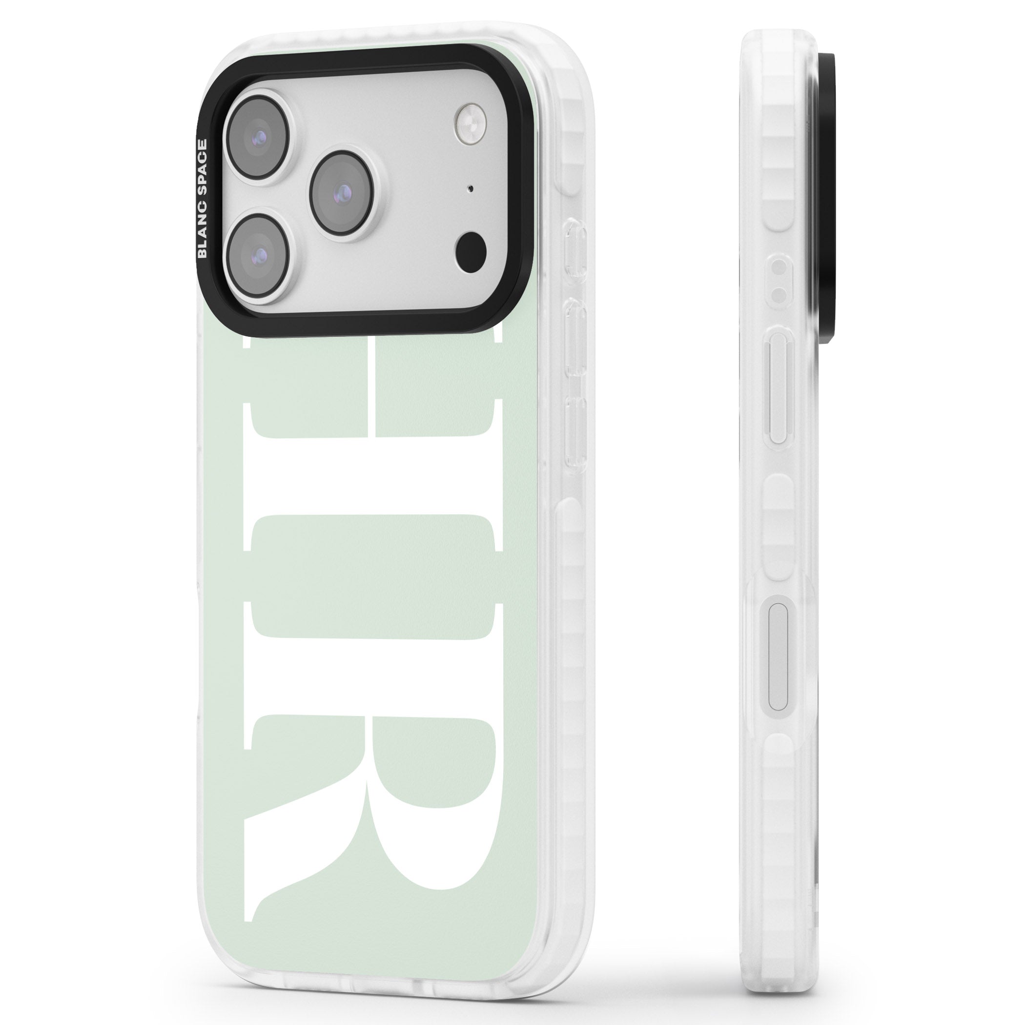 Personalised White & Seafoam Green Letters iPhone 17 Pro Max Impact Clear Phone Case Side Profile