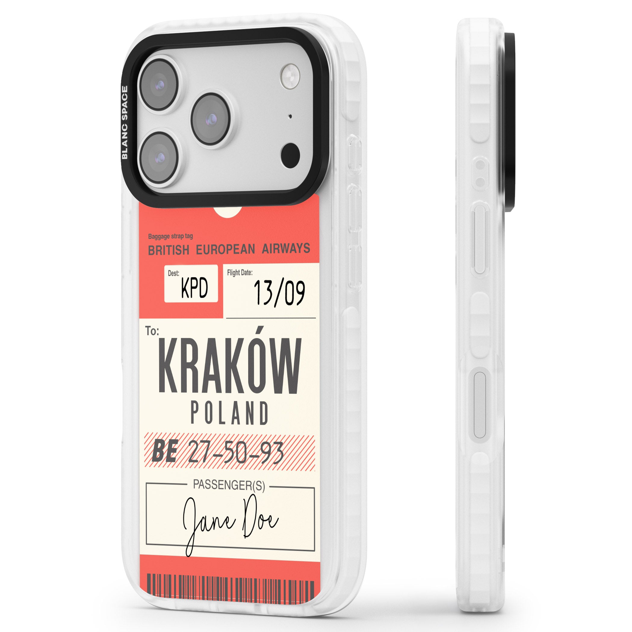 Personalised Vintage Bea Luggage Tag iPhone 17 Pro Impact Clear Phone Case Side Profile