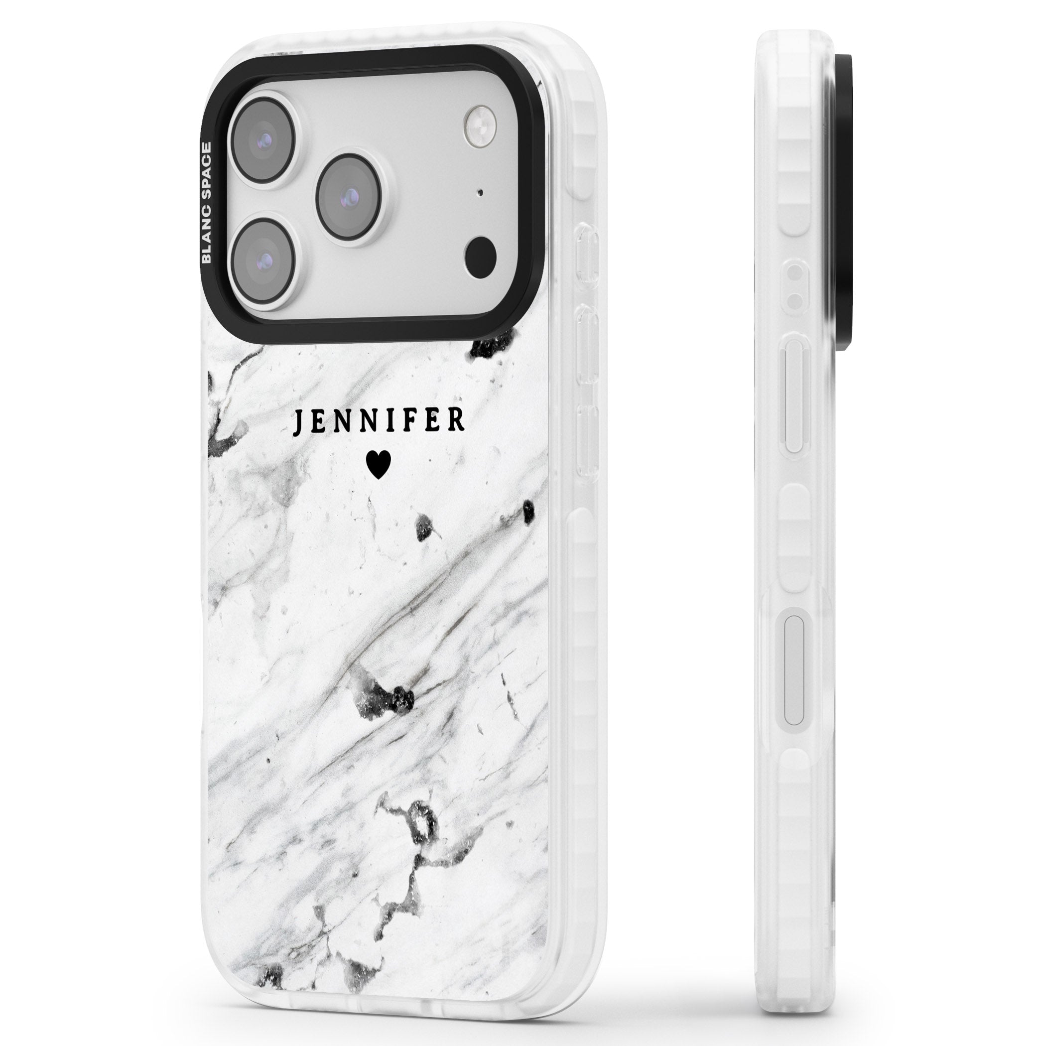 Personalised Marble Heart iPhone 17 Pro Impact Clear Phone Case Side Profile