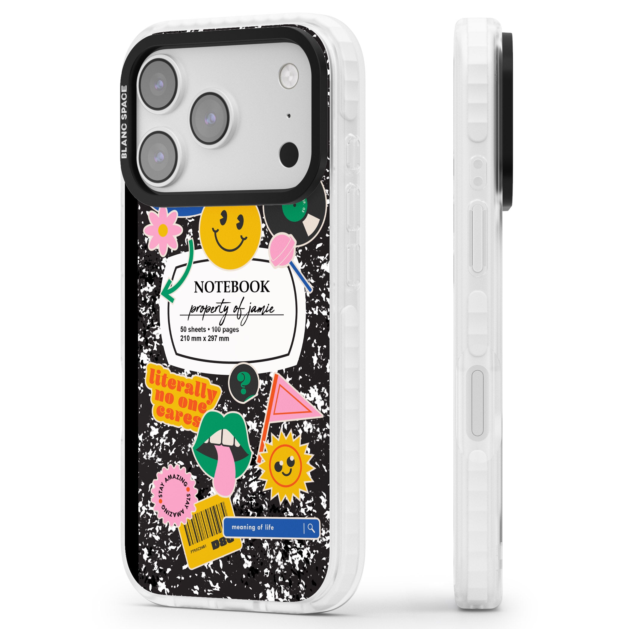 Personalised Quirky Notebook iPhone 17 Pro Impact Clear Phone Case Side Profile