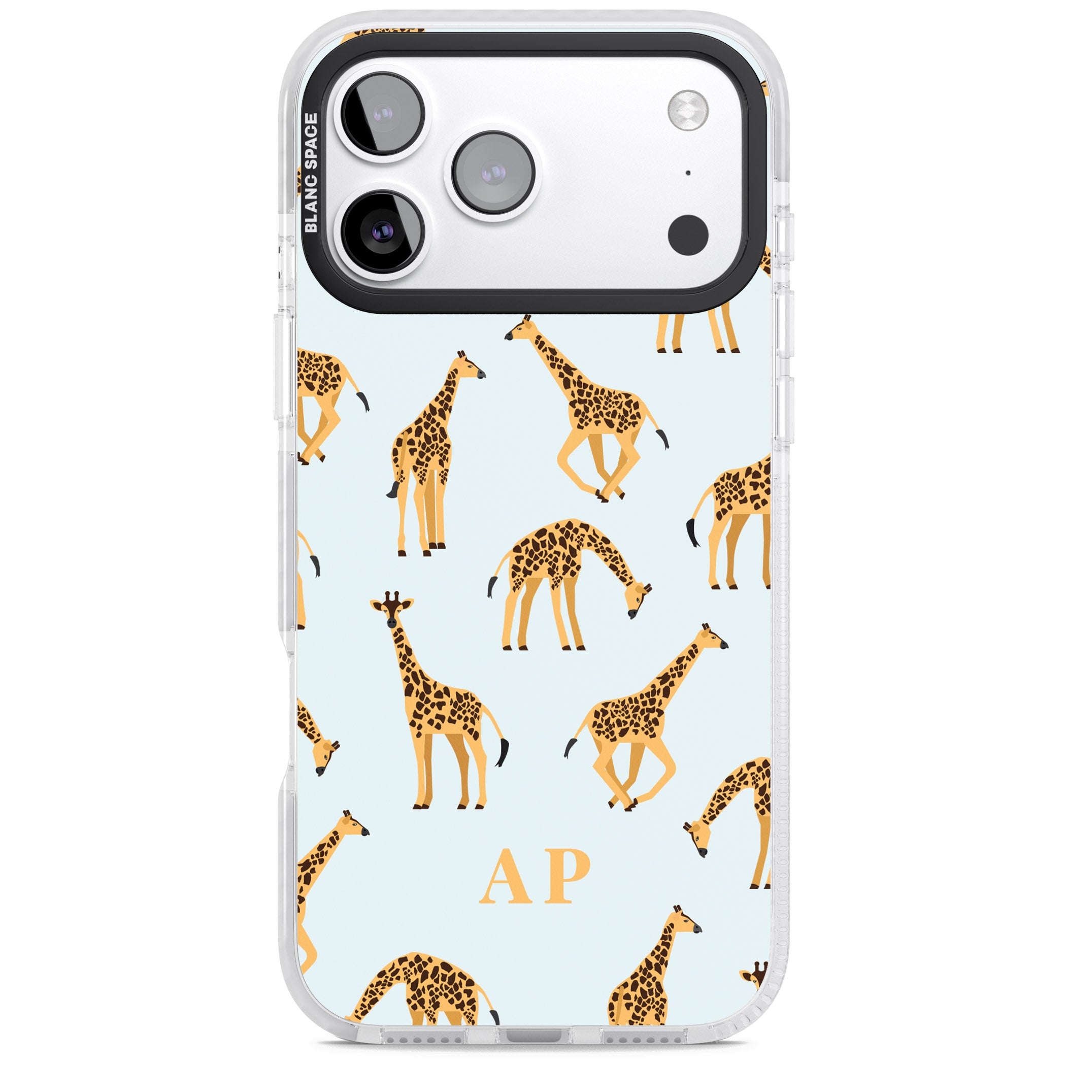 Personalised Safari Giraffe Pattern On Blue iPhone 17 Pro Impact Clear Phone Case