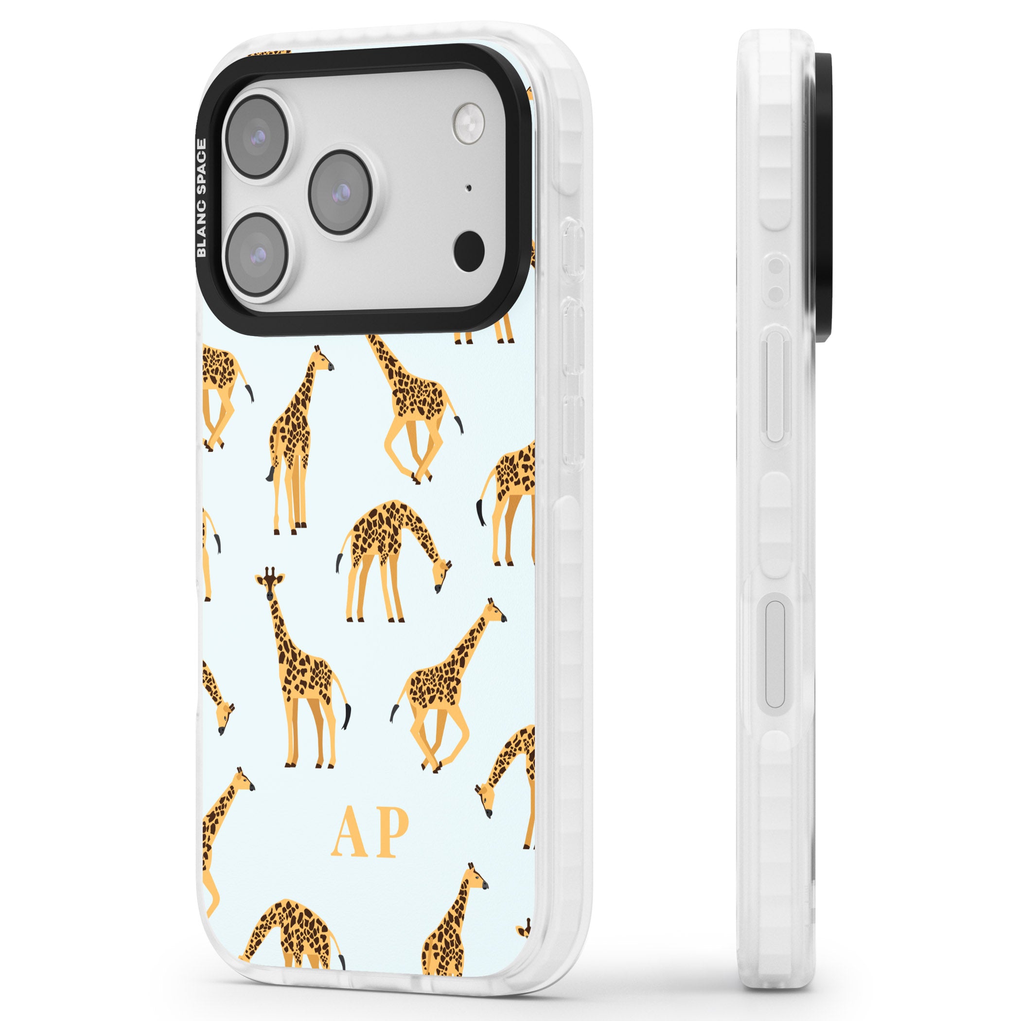 Personalised Safari Giraffe Pattern On Blue iPhone 17 Pro Max Impact Clear Phone Case Side Profile