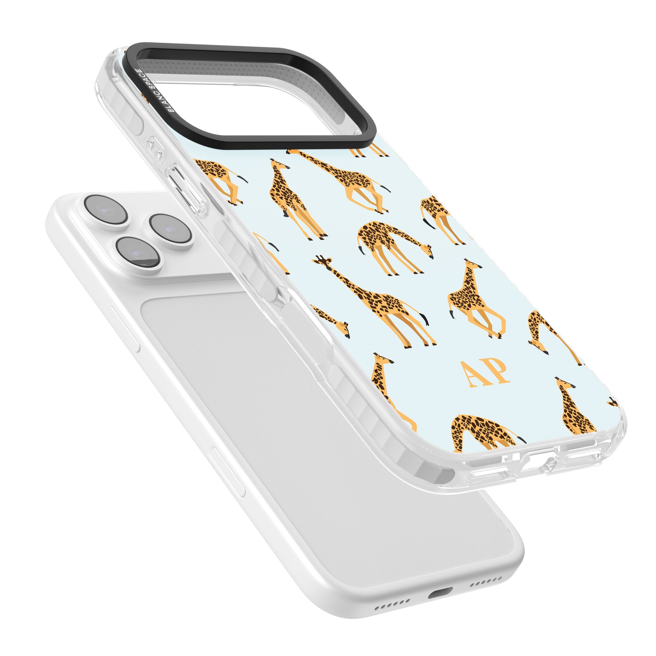 Personalised Safari Giraffe Pattern On Blue iPhone 17 Pro Impact Clear Phone Case Colours