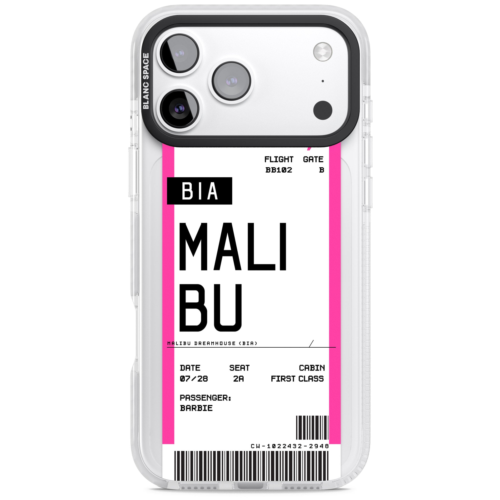 Personalised Pink Malibu Boarding Pass iPhone 17 Pro Max Impact Clear Phone Case