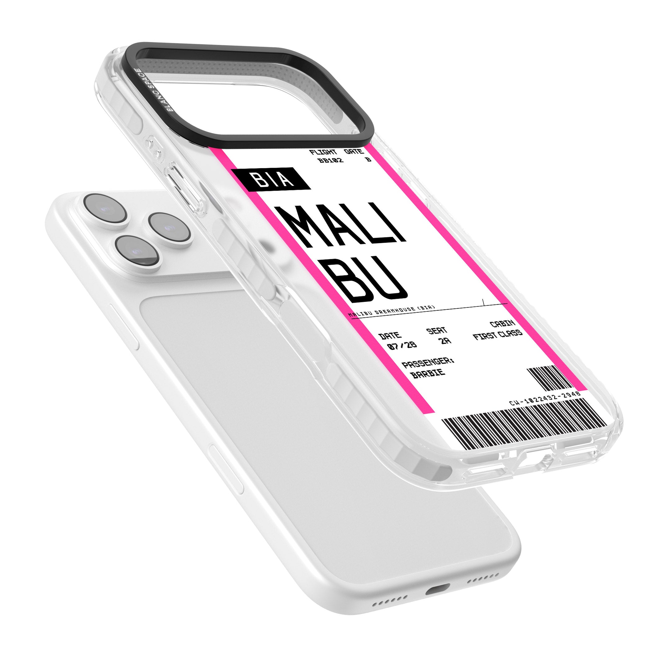 Personalised Pink Malibu Boarding Pass iPhone 17 Pro Max Impact Clear Phone Case Colours