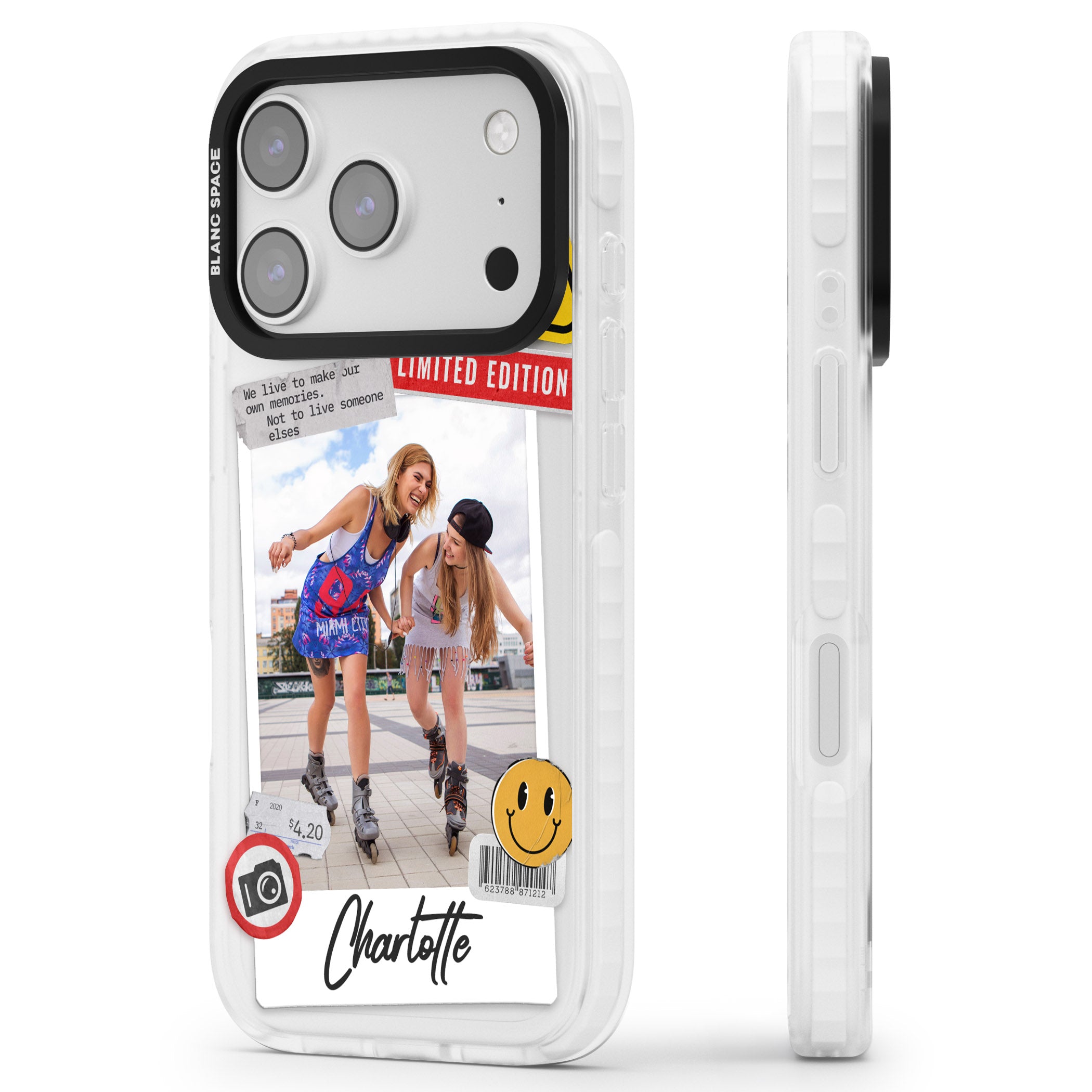 Personalised Sticker Mix Instant Photo iPhone 17 Pro Impact Clear Phone Case Side Profile