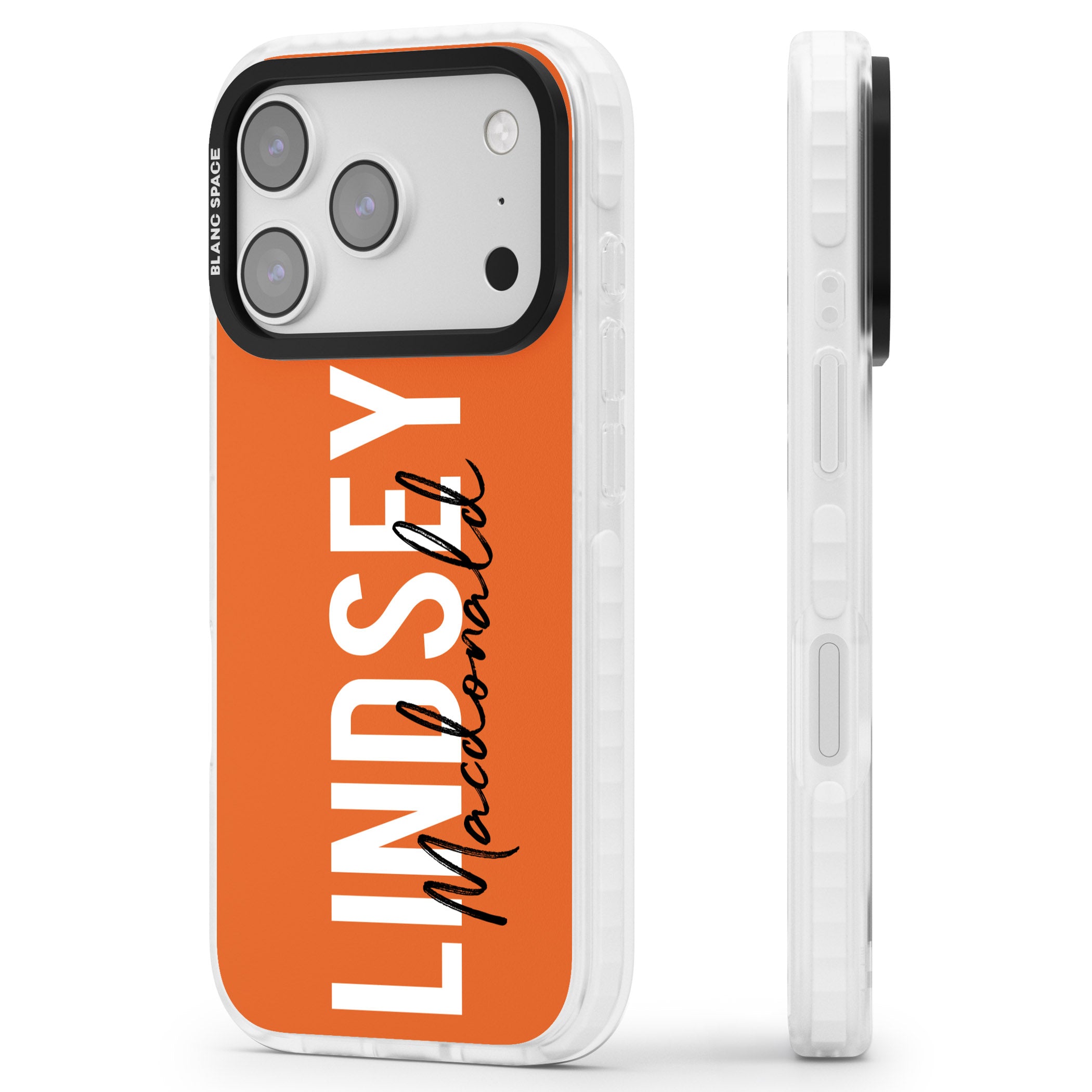 Personalised Bold Name: Orange iPhone 17 Pro Max Impact Clear Phone Case Side Profile