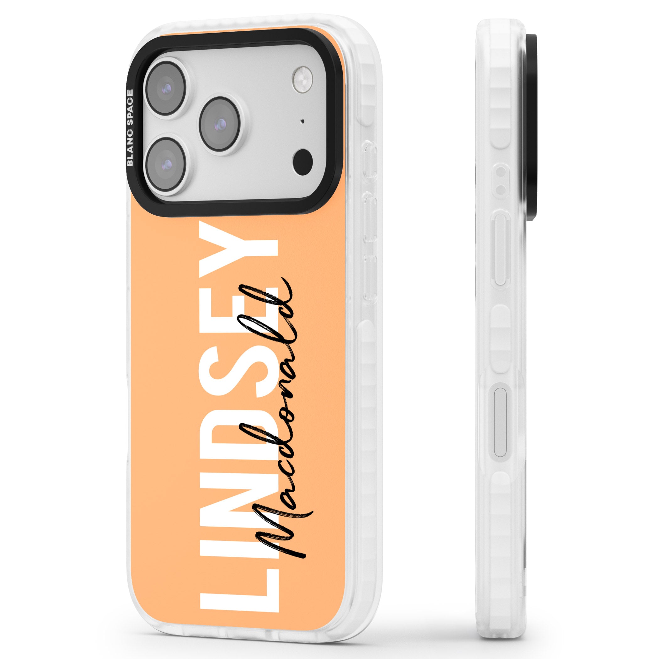 Personalised Bold Name: Peach iPhone 17 Pro Max Impact Clear Phone Case Side Profile