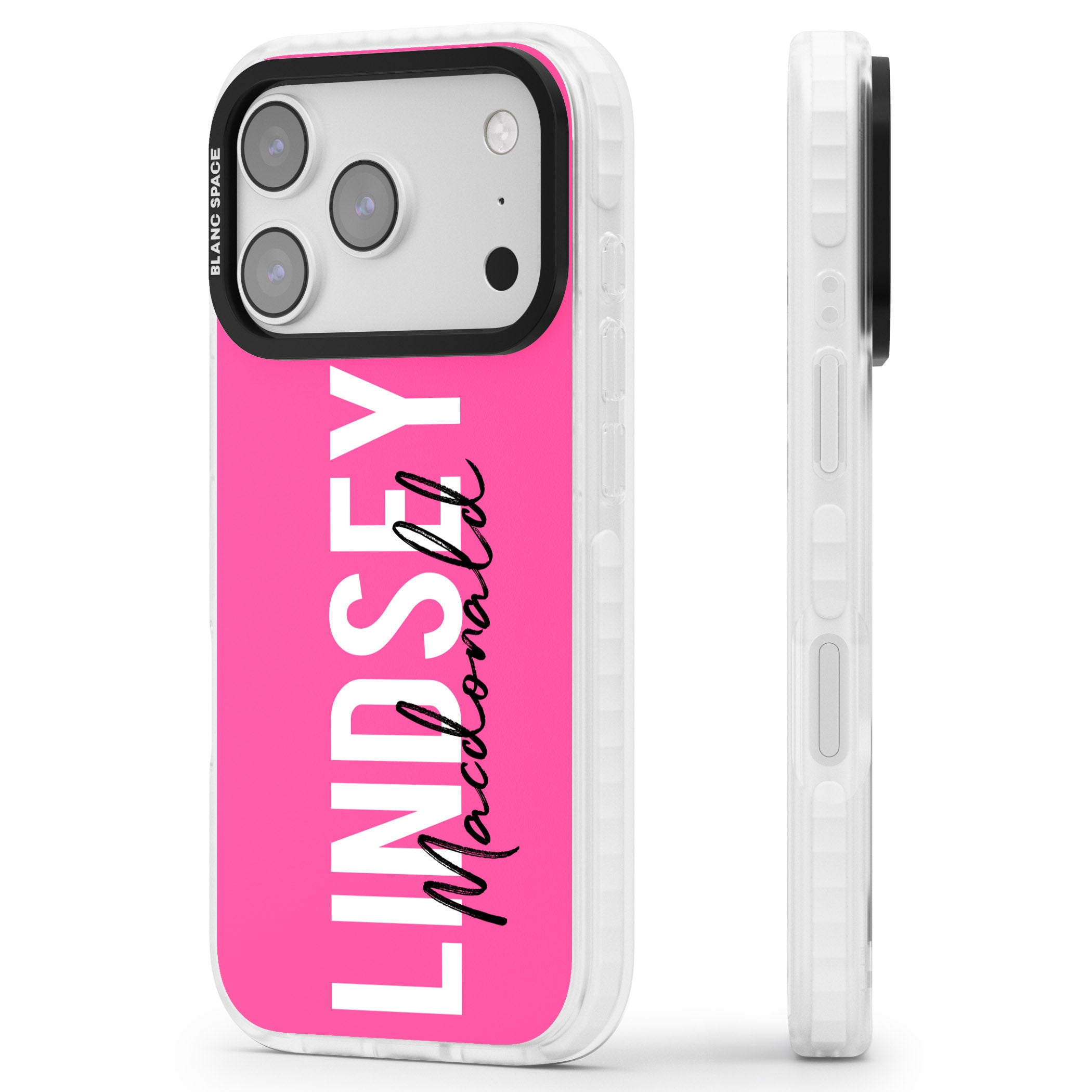 Personalised Bold Name: Pink iPhone 17 Pro Max Impact Clear Phone Case Side Profile