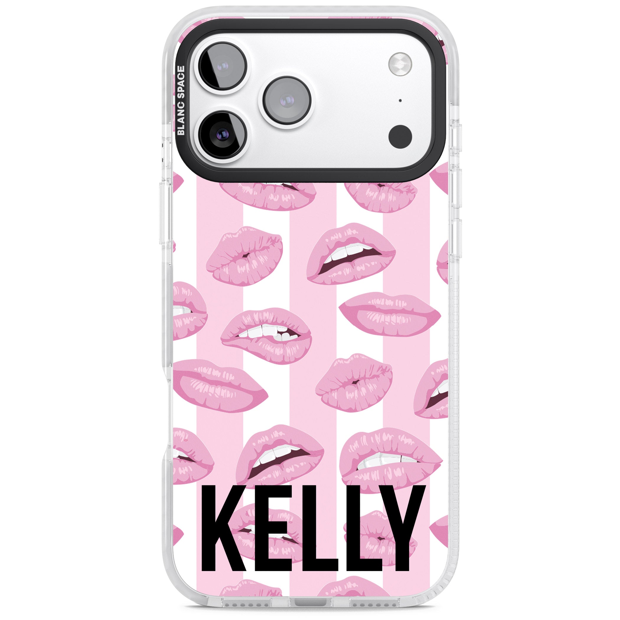 Personalised Pink Stripes & Lips iPhone 17 Pro Max Impact Clear Phone Case