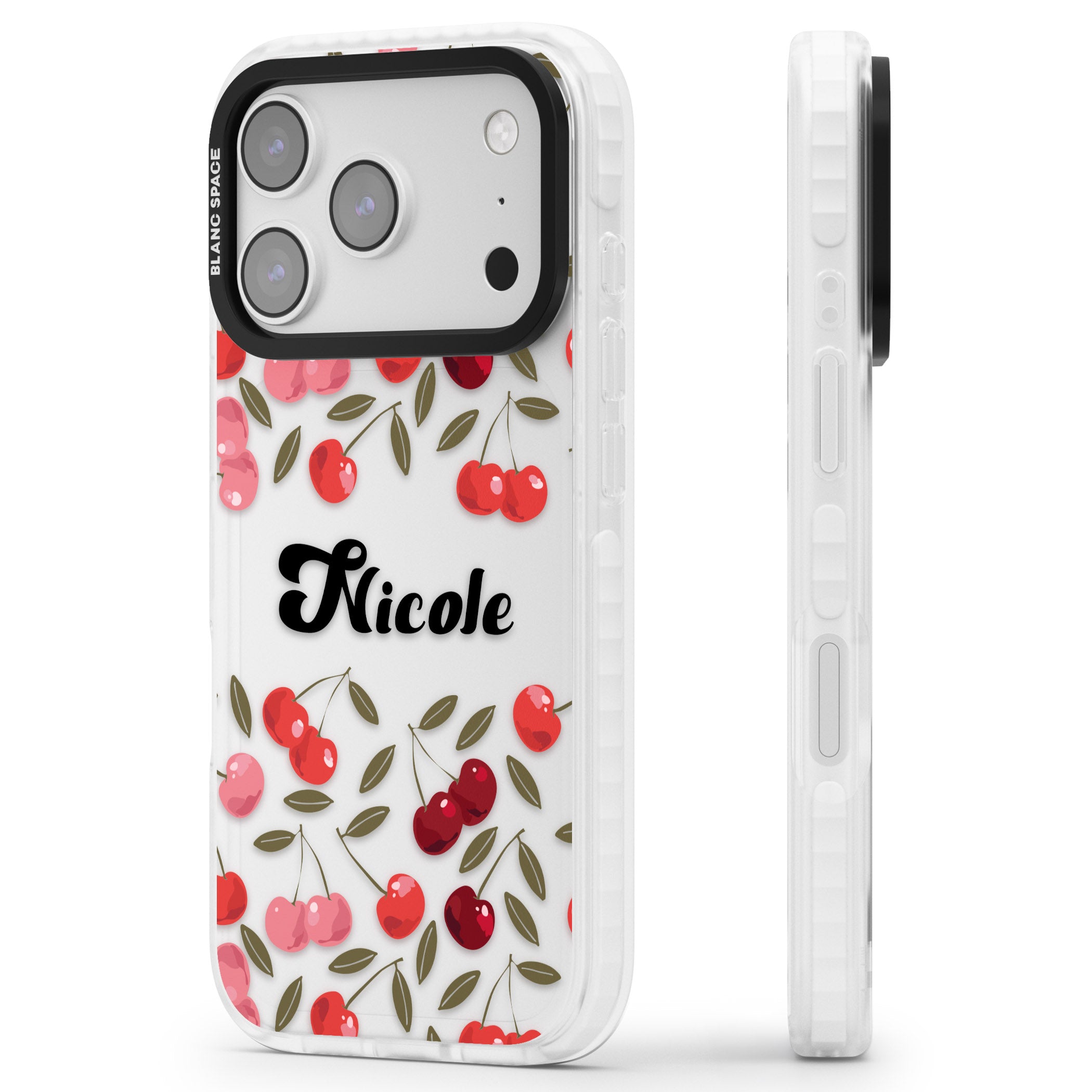 Personalised Cherry Pattern iPhone 17 Pro Impact Clear Phone Case Side Profile