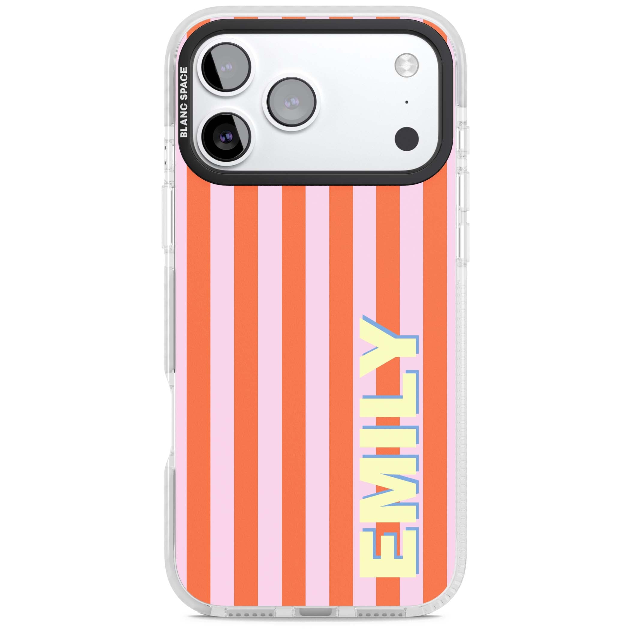 Havana Stripe personalised iPhone case featuring pink and orange vertical stripes with a custom yellow name | Black Impact case for iPhone 17 Pro, iPhone 17 Pro Max