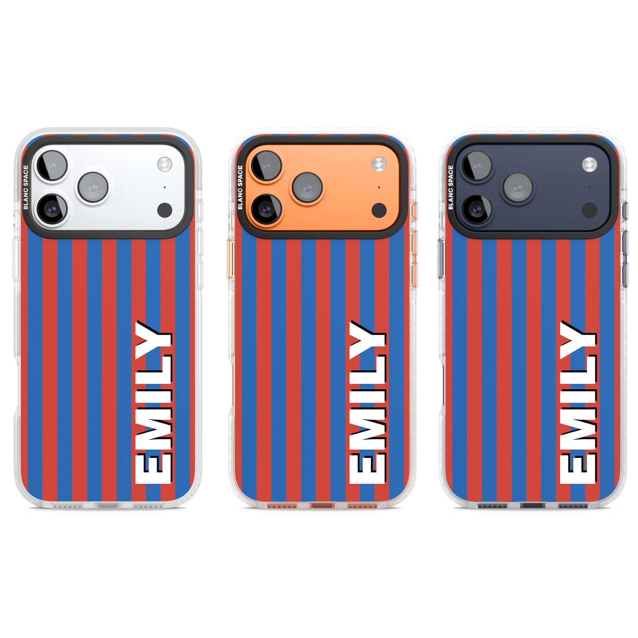 Cuban Stripe personalised iPhone case featuring red and blue vertical stripes with custom name in bold white letters | Black Impact case for iPhone 17 Pro, iPhone 17 Pro Max