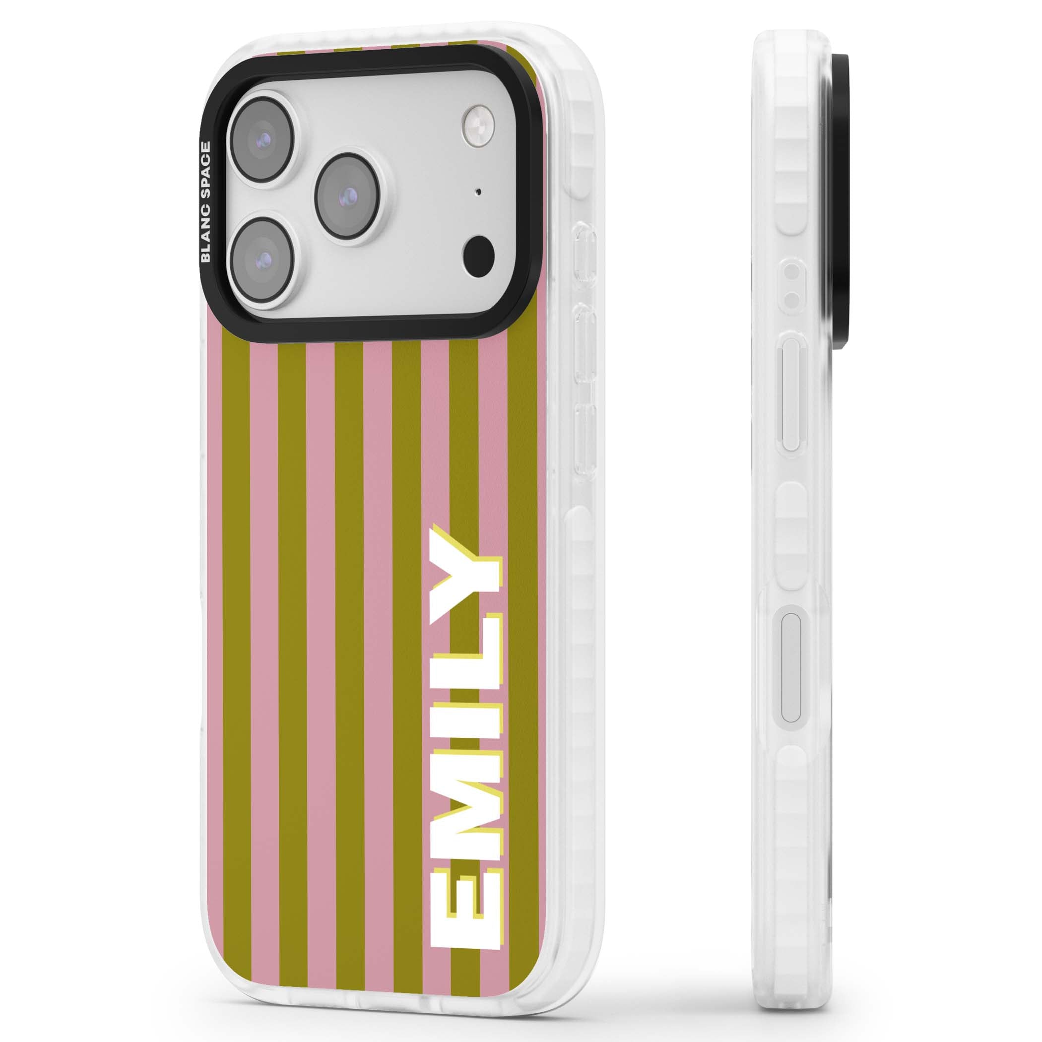 Istanbul Stripe personalised iPhone case featuring pink and olive green vertical stripes with a custom vertical name | Black Impact case for iPhone 17 Pro, iPhone 17 Pro Max