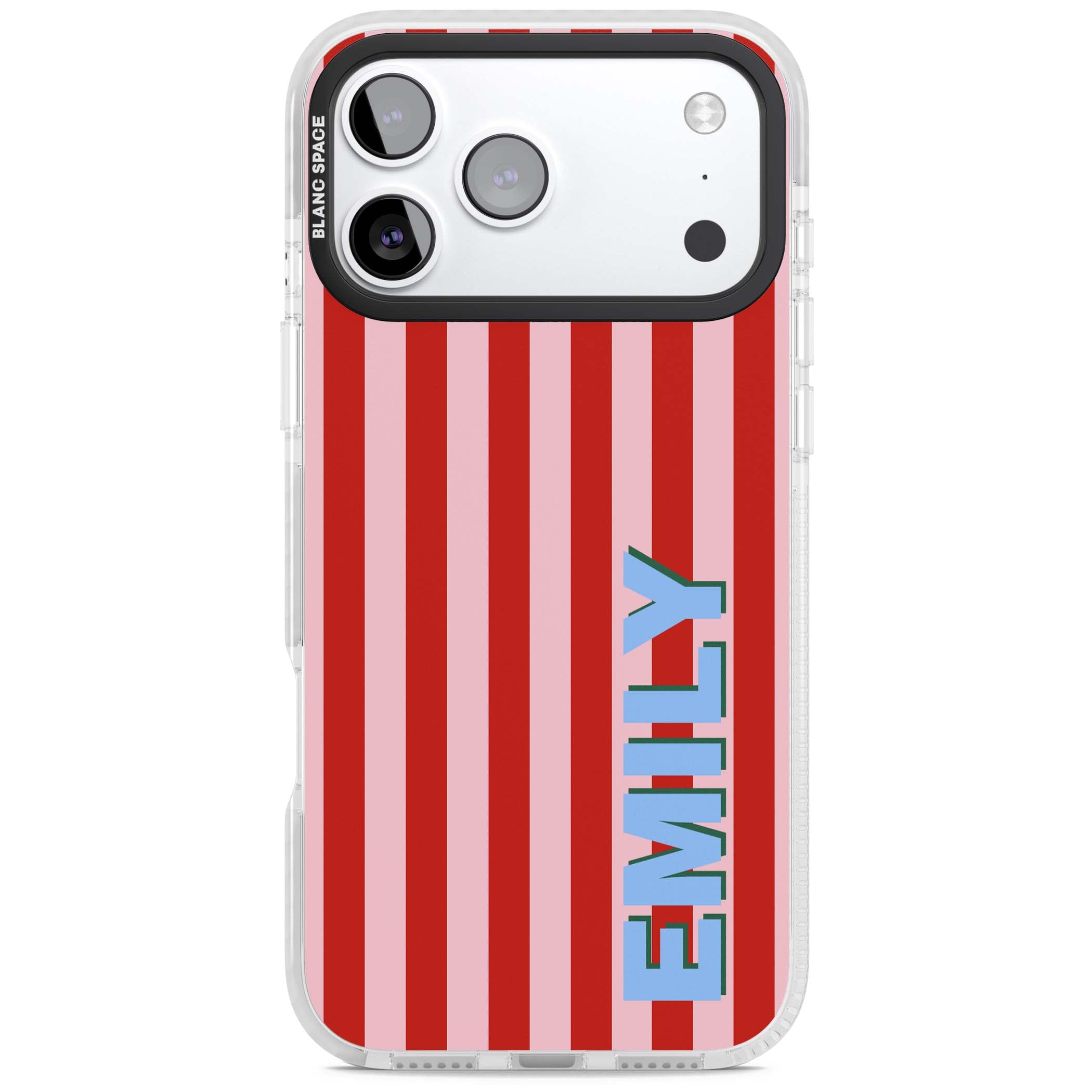 Market Stripe personalised iPhone case with red and pink vertical stripes and custom blue name | Black Impact case for iPhone 17 Pro, iPhone 17 Pro Max