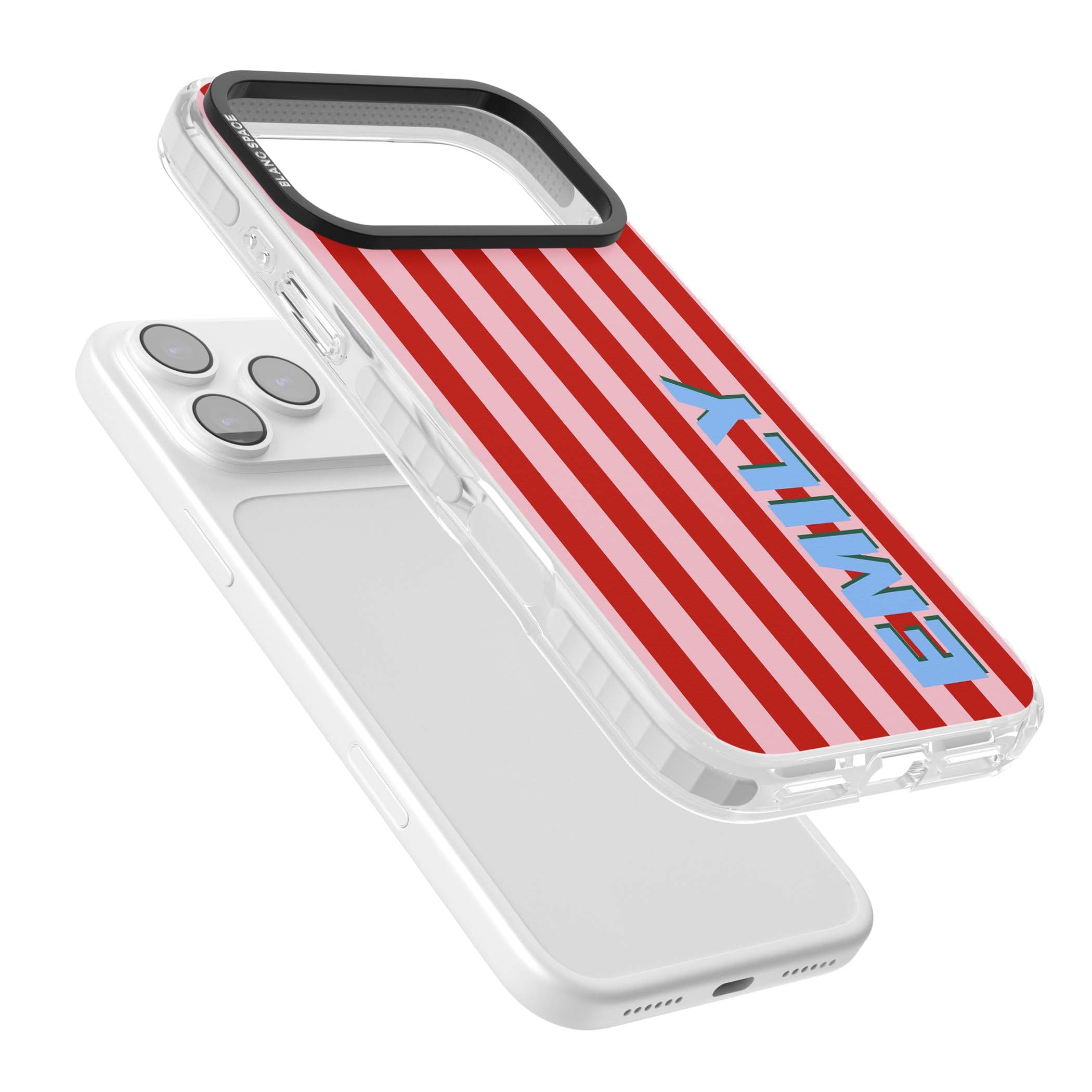 Market Stripe personalised iPhone case with red and pink vertical stripes and custom blue name | Black Impact case for iPhone 17 Pro, iPhone 17 Pro Max