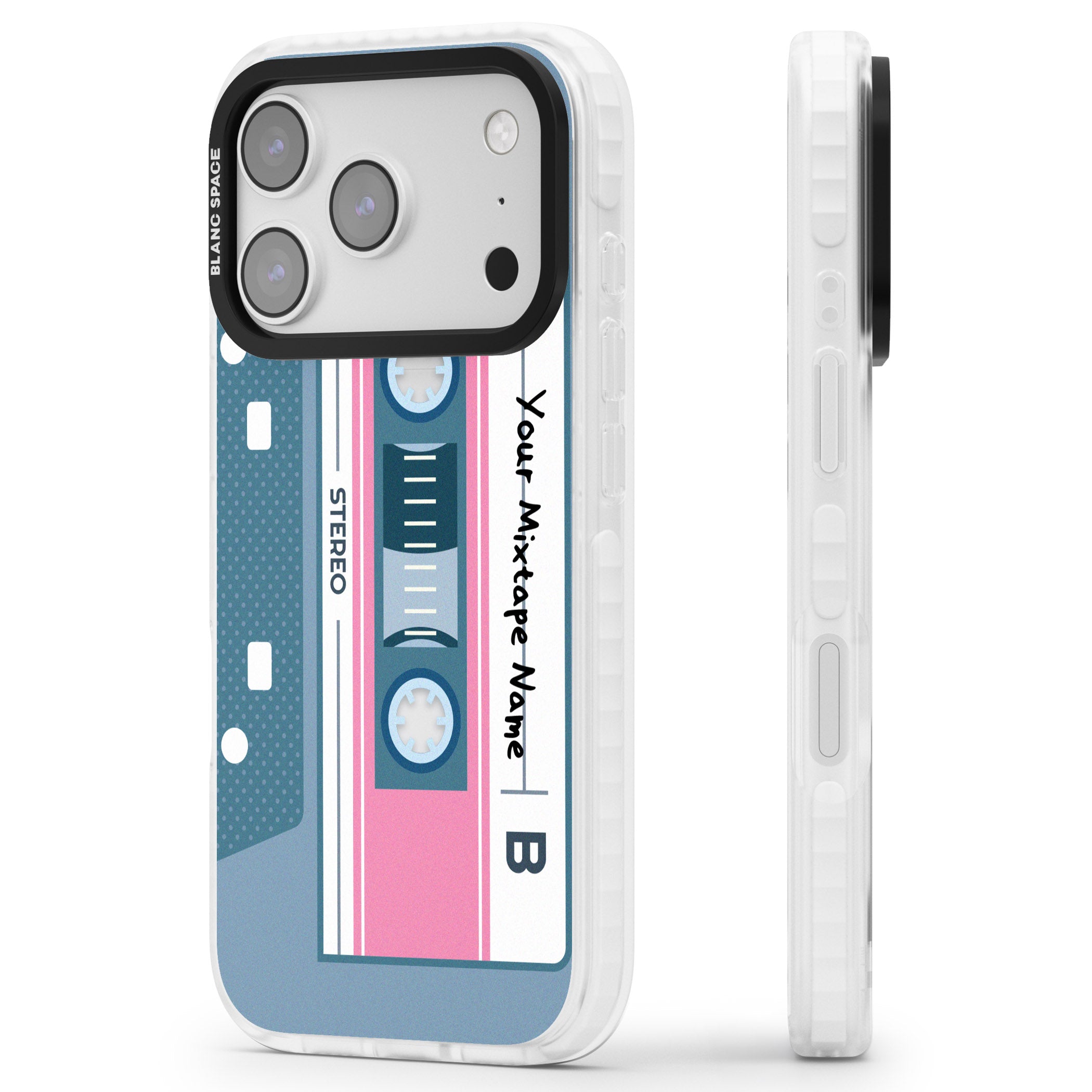 Personalised Retro Cassette Mixtape iPhone 17 Pro Max Impact Clear Phone Case Side Profile