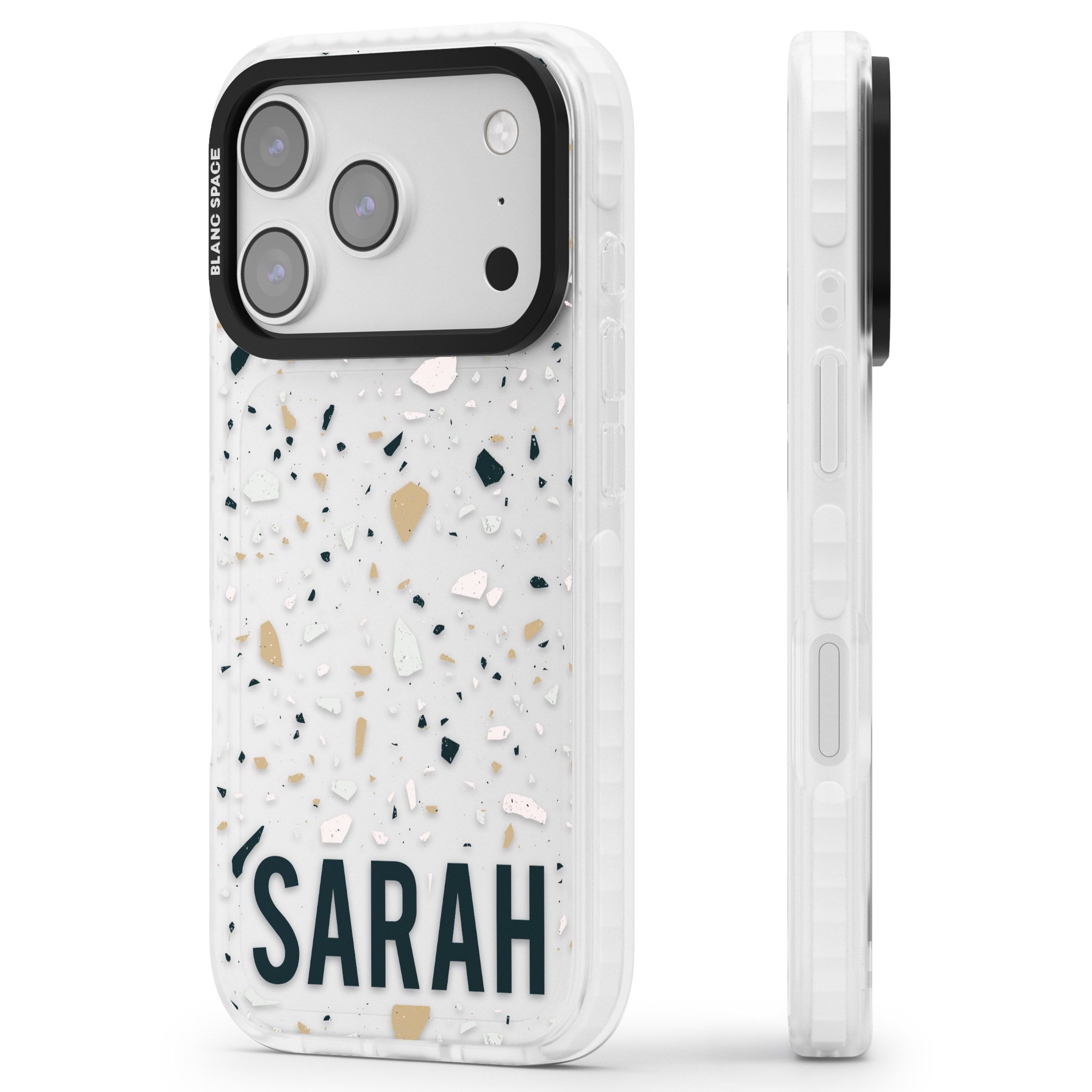 Personalised Terrazzo Blue, Pink, Brown iPhone 17 Pro Max Impact Clear Phone Case Side Profile