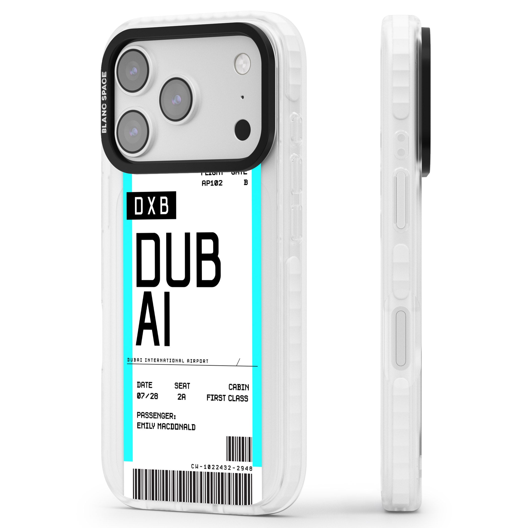 Personalised Dubai Boarding Pass iPhone 17 Pro Impact Clear Phone Case Side Profile